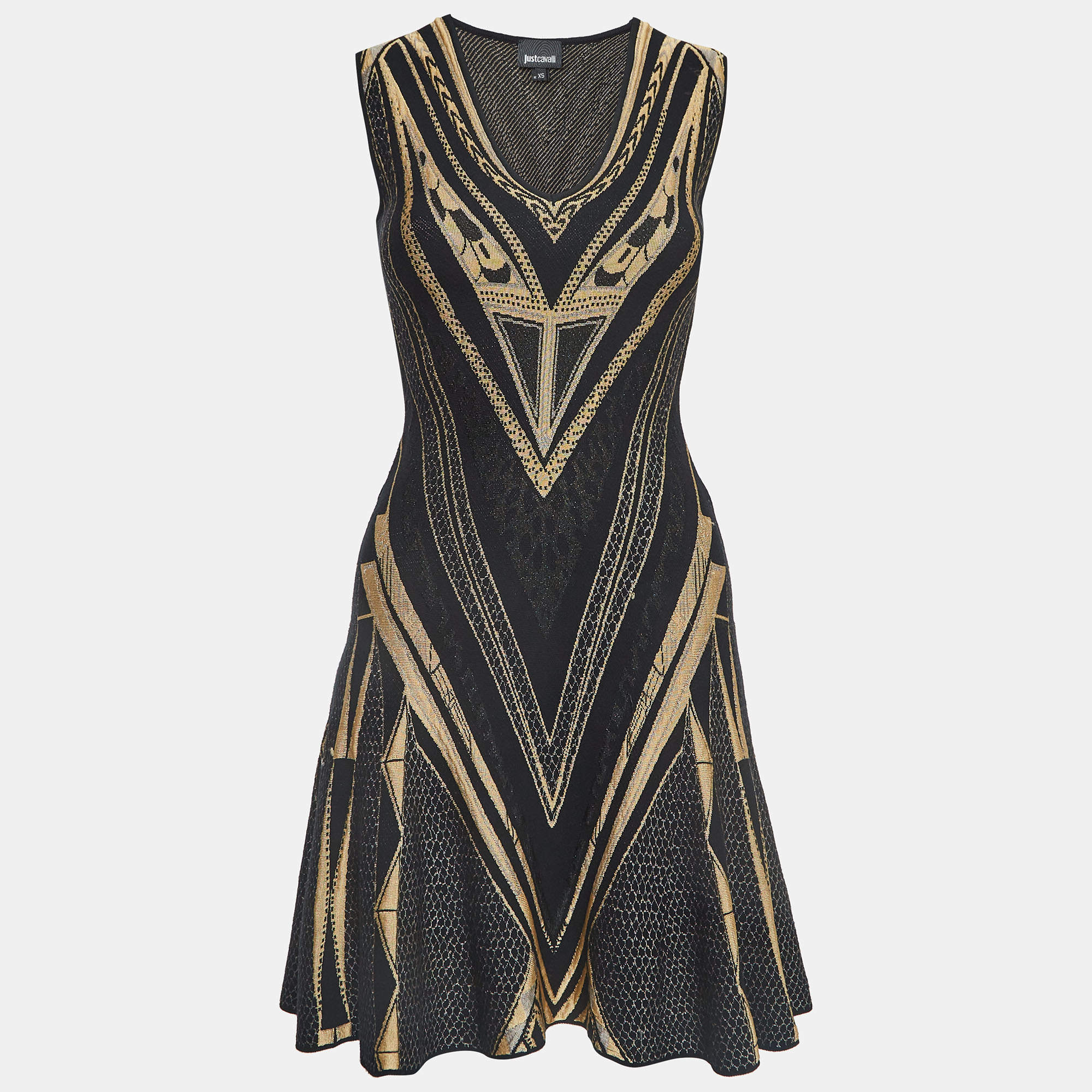 Pre Owned Just Cavalli Black Patterned Knit Sleeveless Mini Dress XS