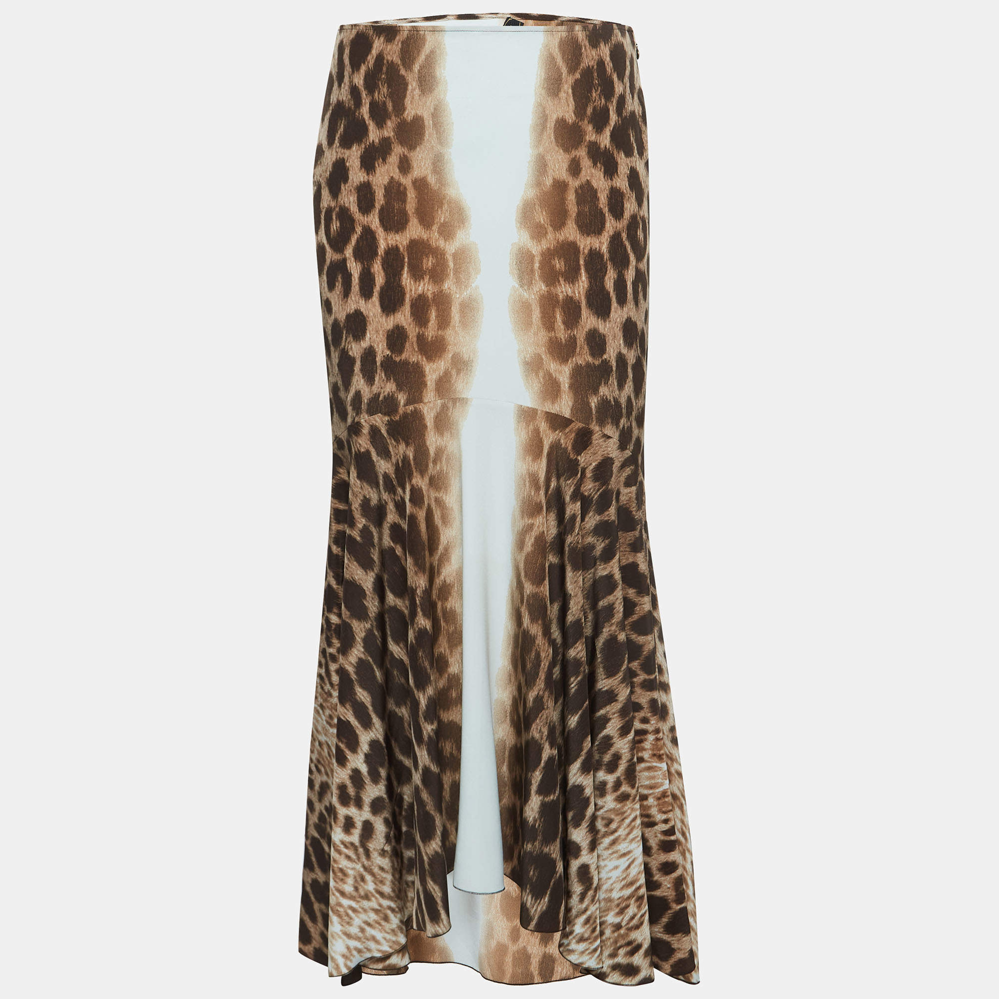 Pre Owned Just Cavalli Brown Leopard Print Crepe Asymmetric Midi Skirt S
