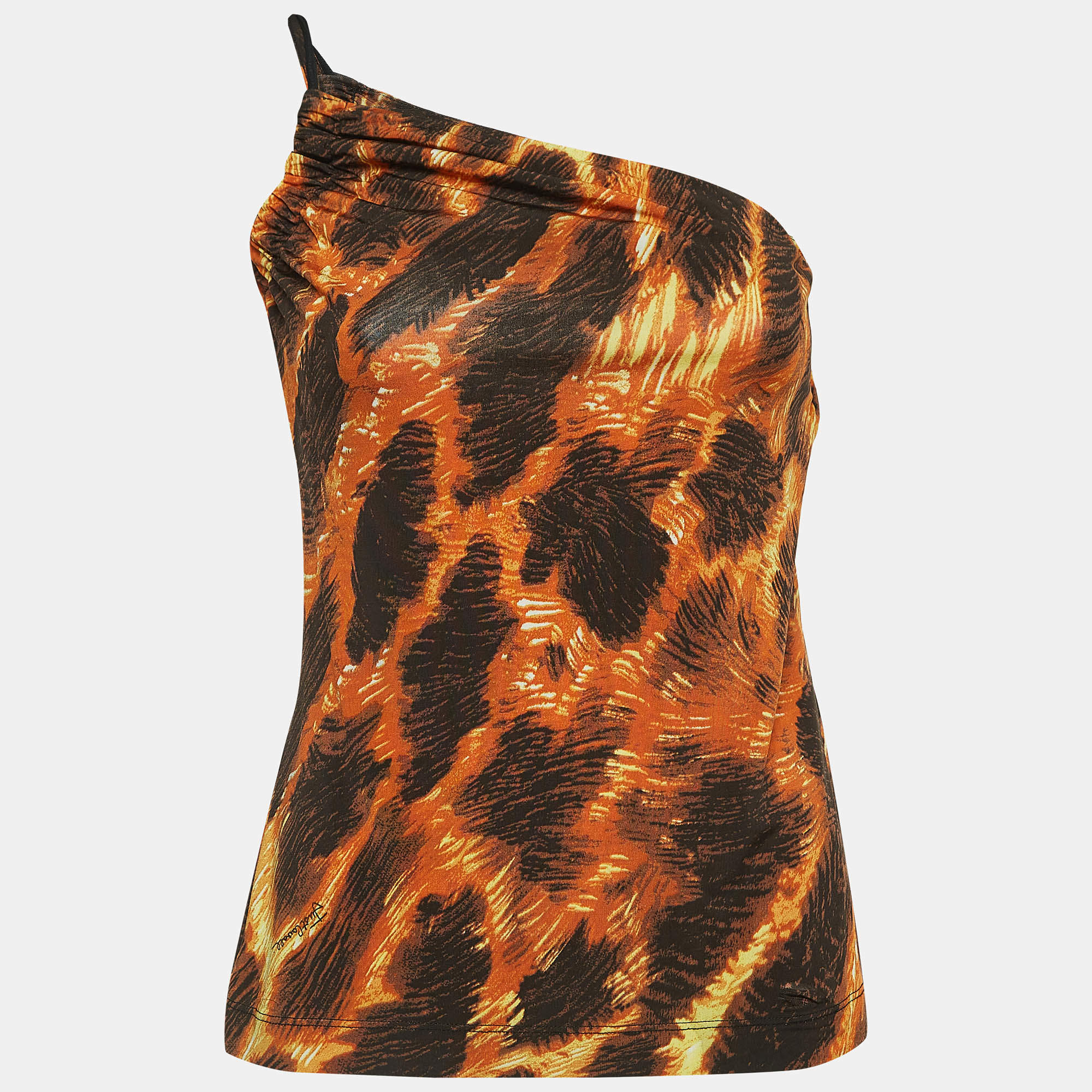Pre Owned Just Cavalli Brown/Orange Print Jersey One Shoulder Top M
