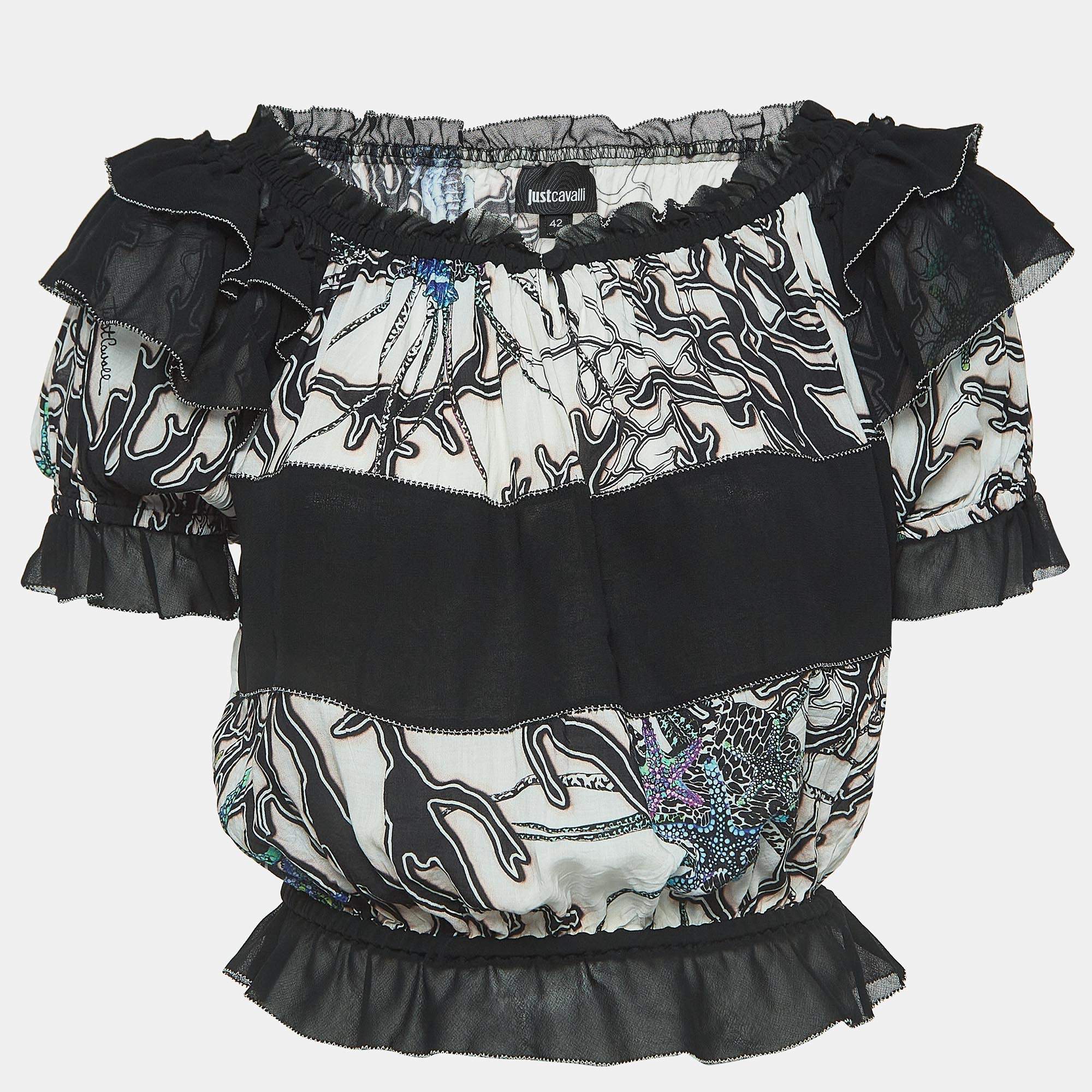 Just Cavalli White/Black Printed Crepe Ruffled Off-Shoulder Crop Top M
