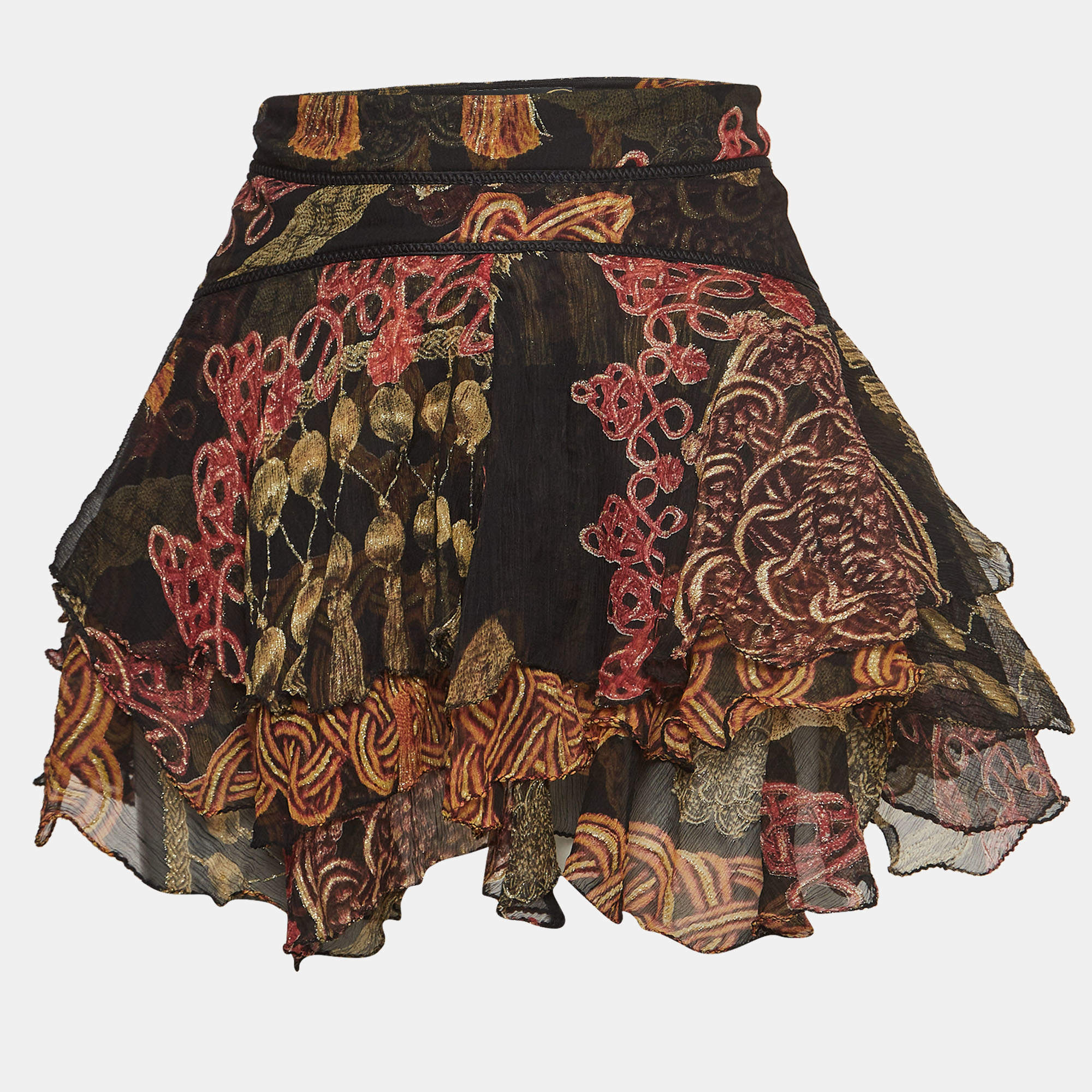 Pre Owned Just Cavalli Brown Tassel Printed Silk Asymmetric Mini Skirt M