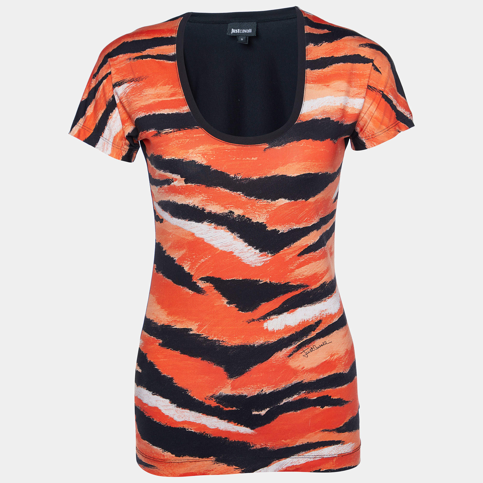 Just Cavalli Orange Animal  Print Jersey Round Neck Top S