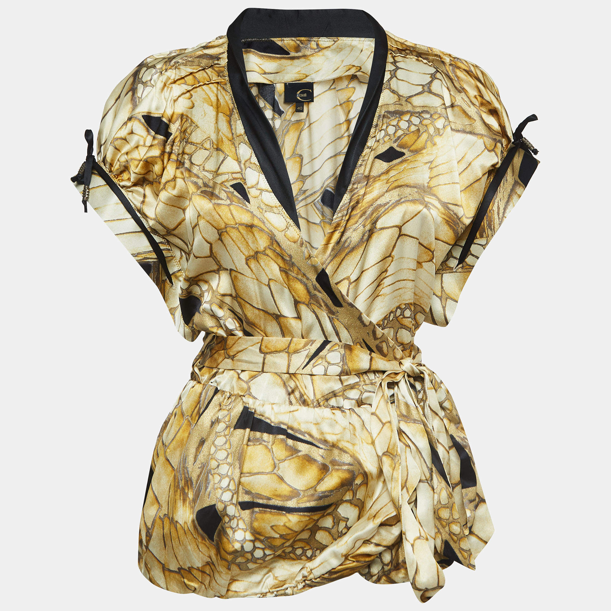 Pre Owned Just Cavalli Yellow Printed Satin Silk Glitter Silk Wrap Blouse S
