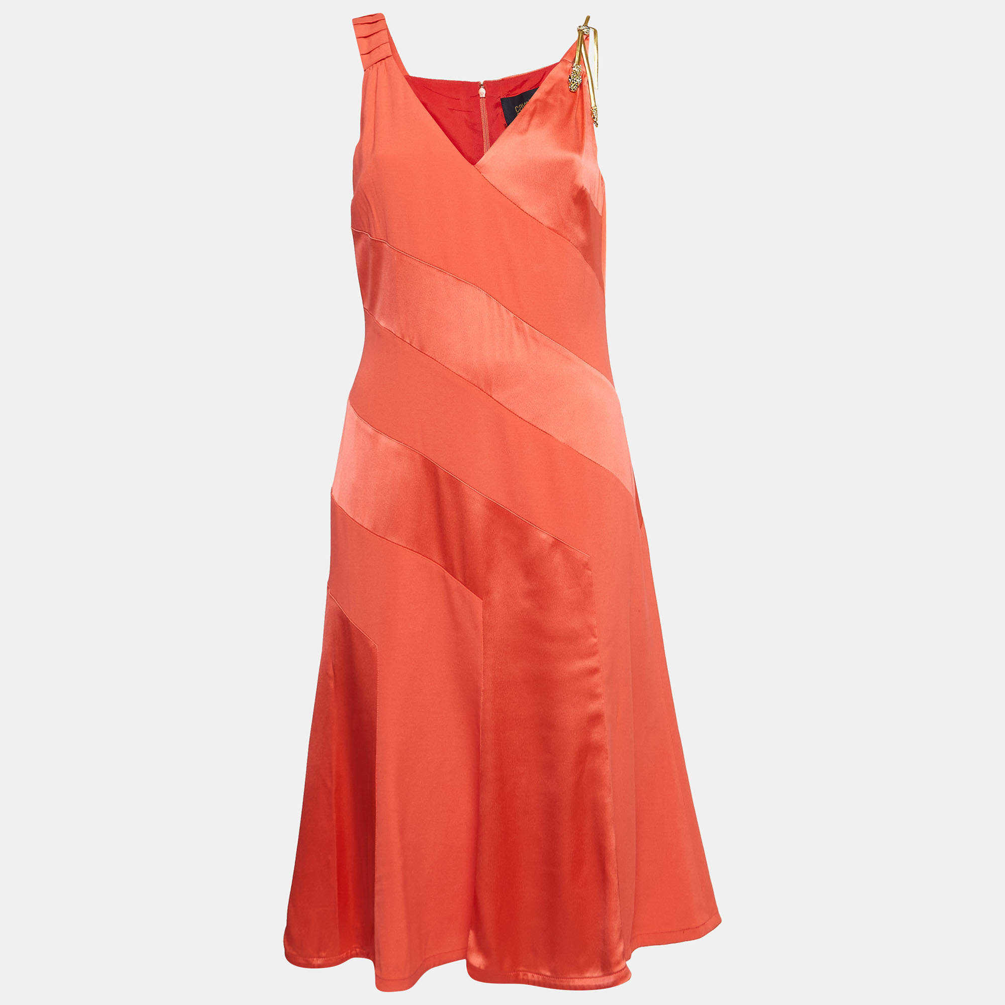 مملوكة مسبقًا Class by Roberto Cavalli Red Crepe and Satin Snake Embellished Panelled Midi Dress L