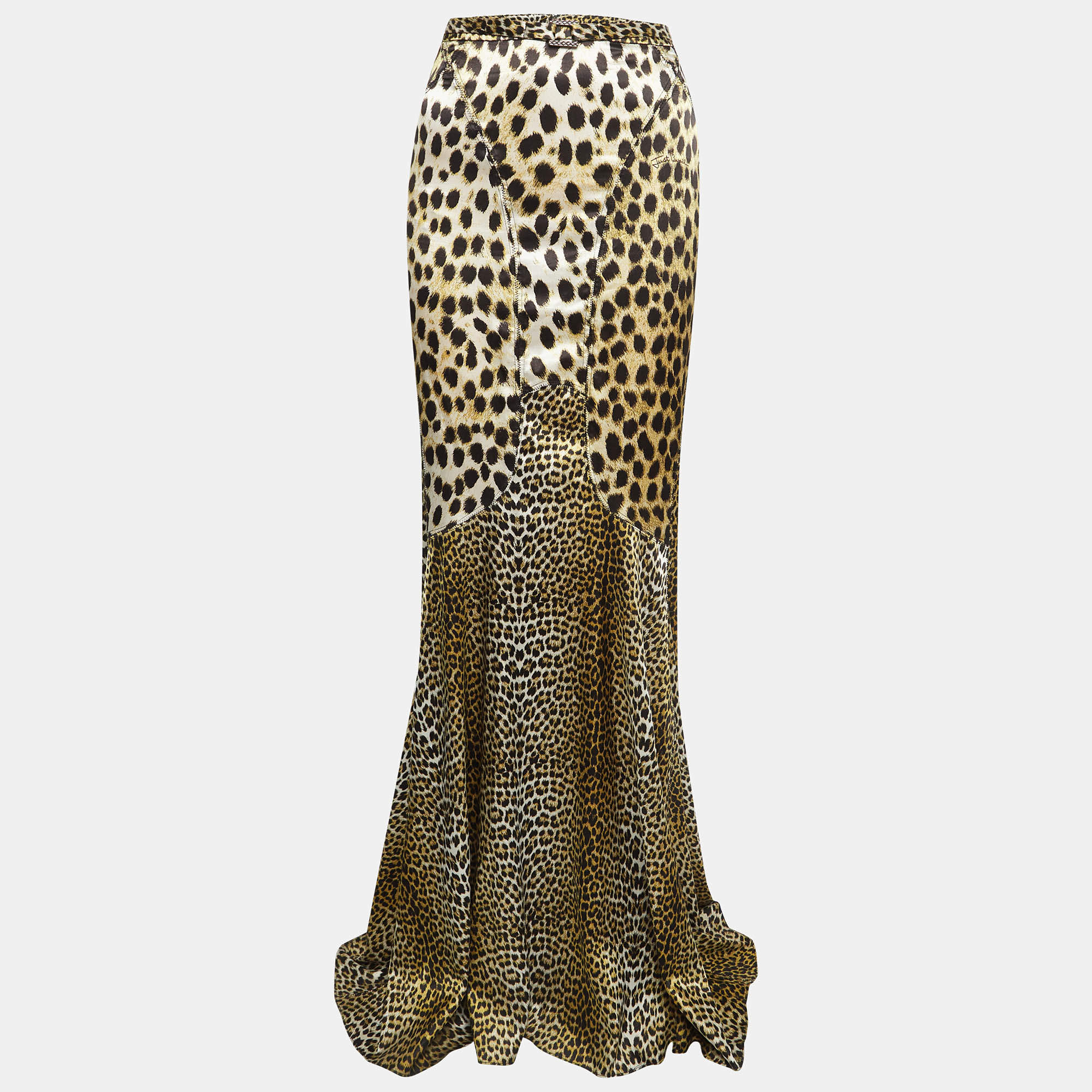 مملوكة مسبقًا Just Cavalli Brown  Leopard Satin Print Flared Maxi Skirt L