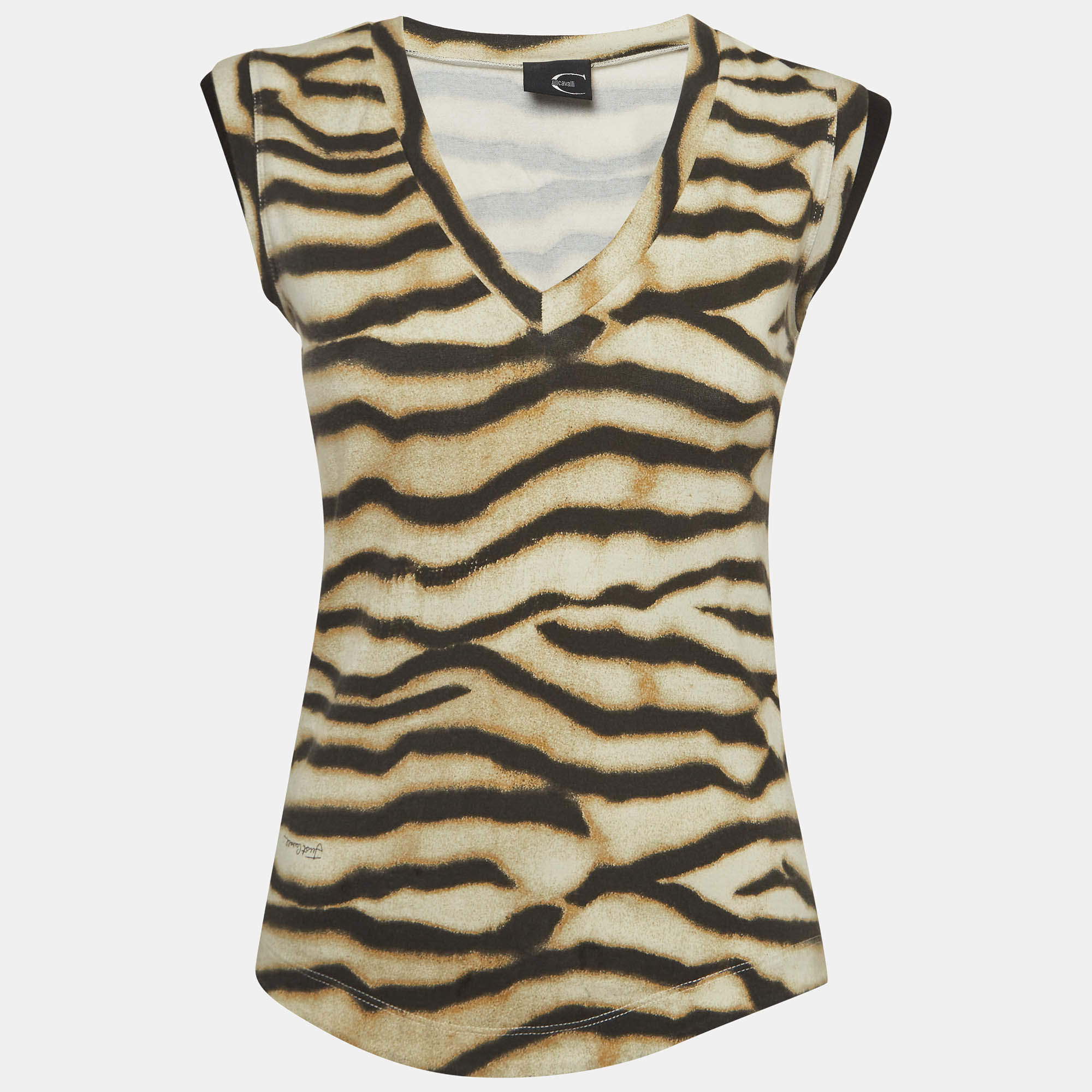 Just Cavalli Brown Animal Print Knit V-Neck Sleeveless Top S