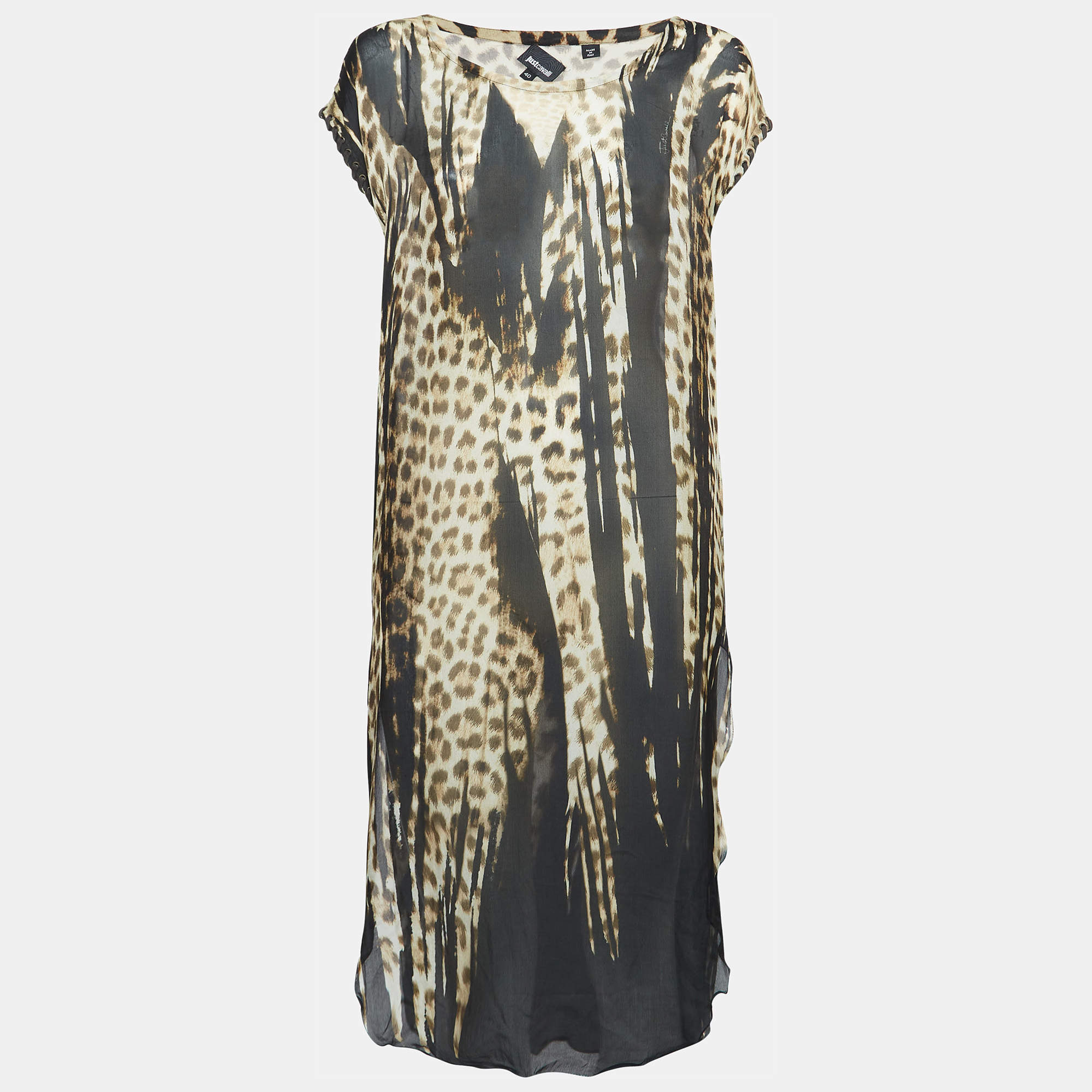 Pre Owned Just Cavalli Brown Leopard Print Silk Sheer Midi Dress S