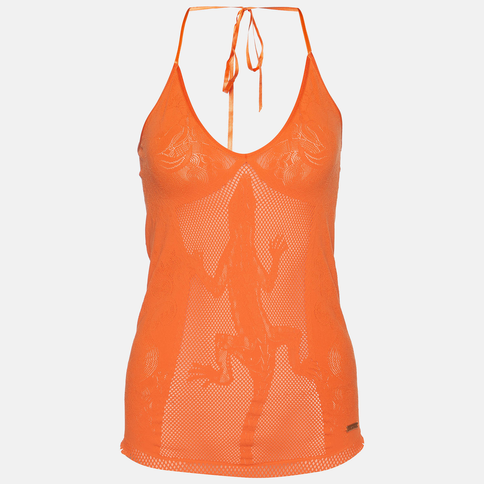 Pre Owned Just Cavalli Orange Eyelet Jersey Fitted Tank Top M