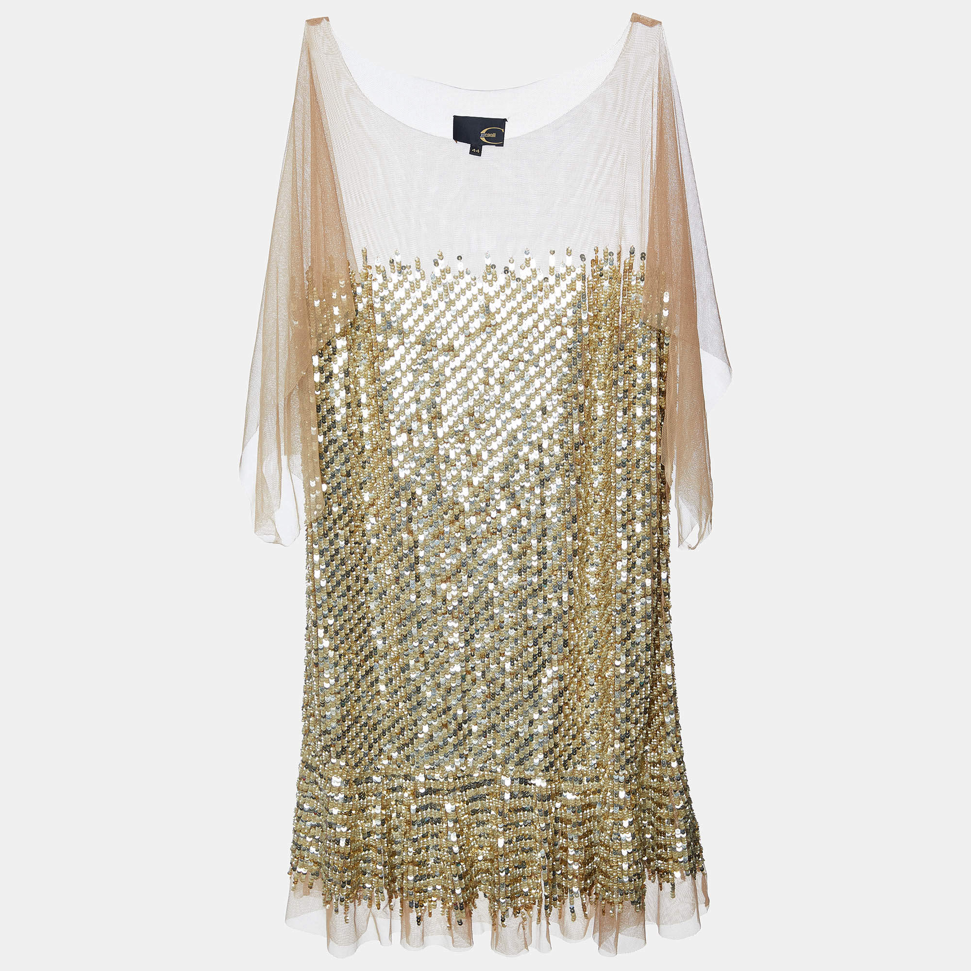 Pre Owned Just Cavalli Gold Sequin and Tulle Flounce Mini Dress M