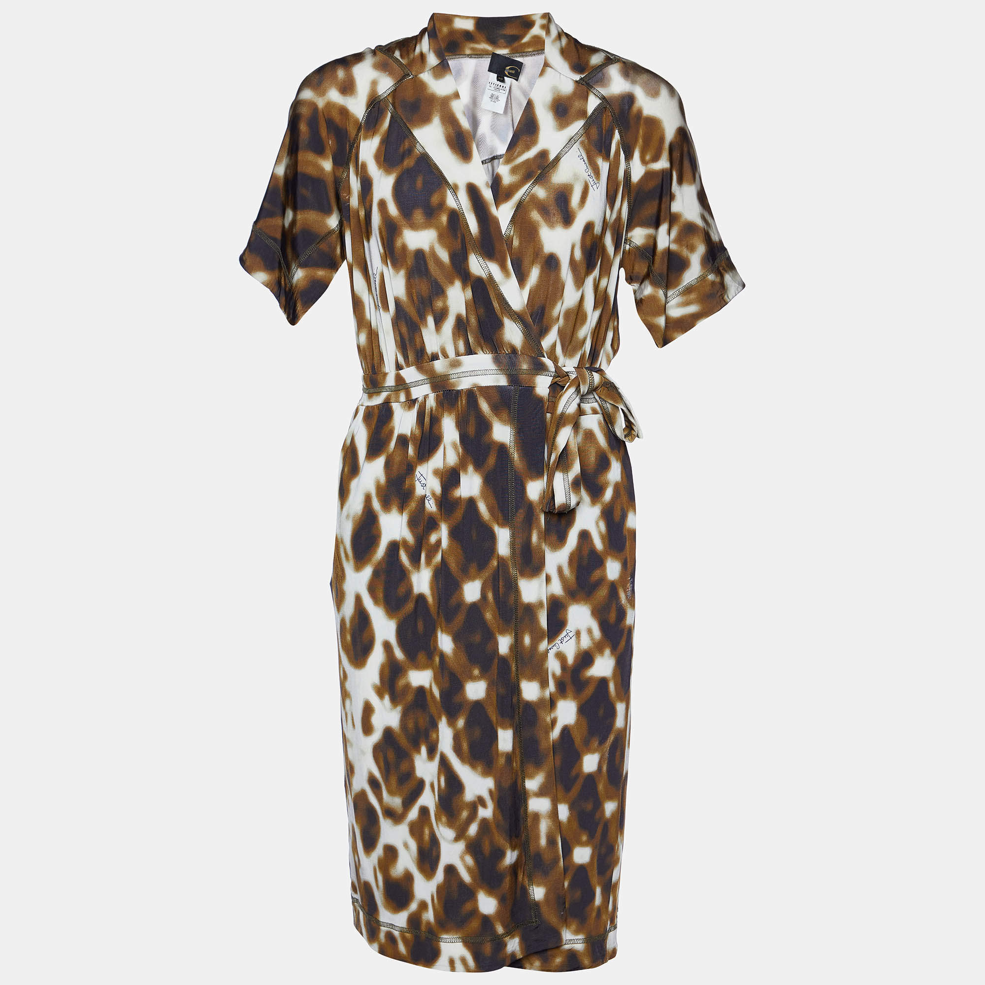 Pre Owned Just Cavalli Brown Printed Jersey Wrap Dress S