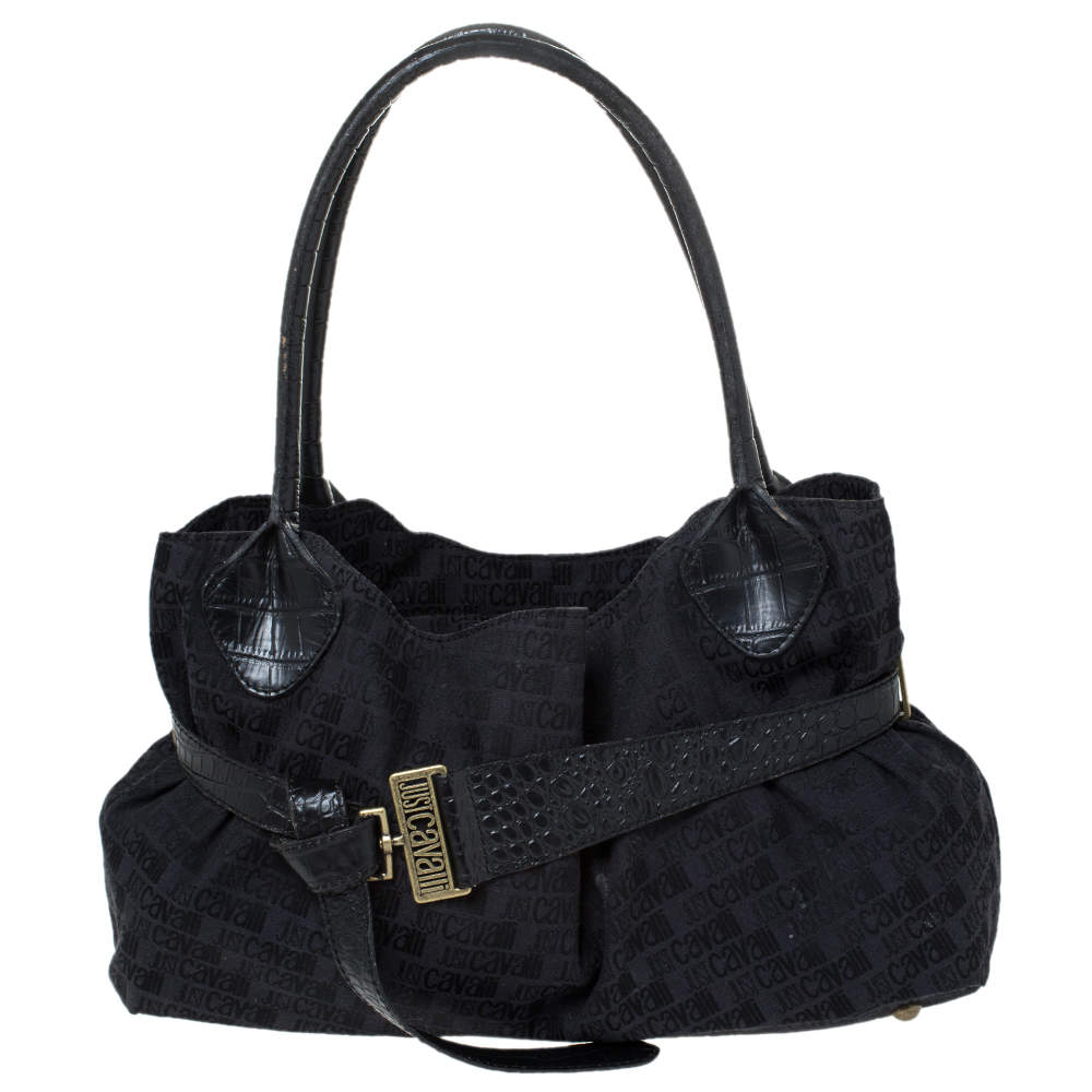 Just Cavalli Black Fabric and Croc Embossed Leather Belted Shoulder Bag