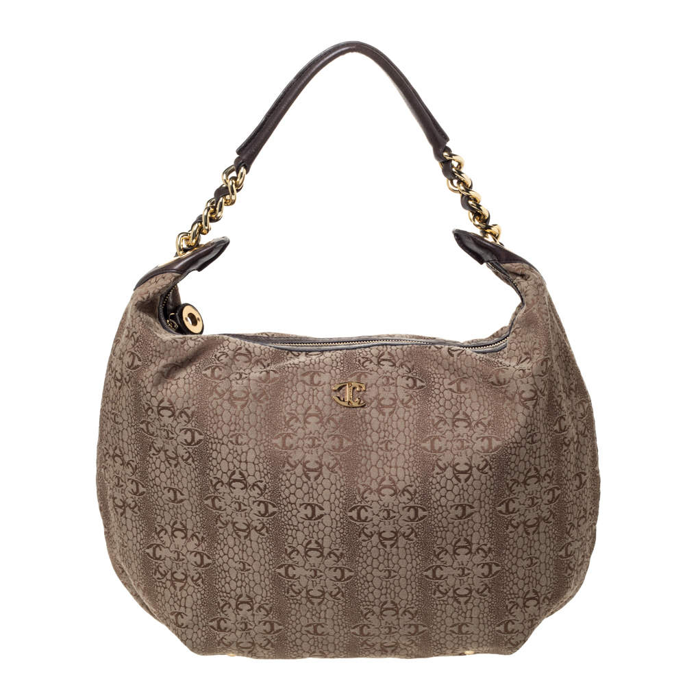 Just Cavalli Brown Signature Canvas Chain Hobo