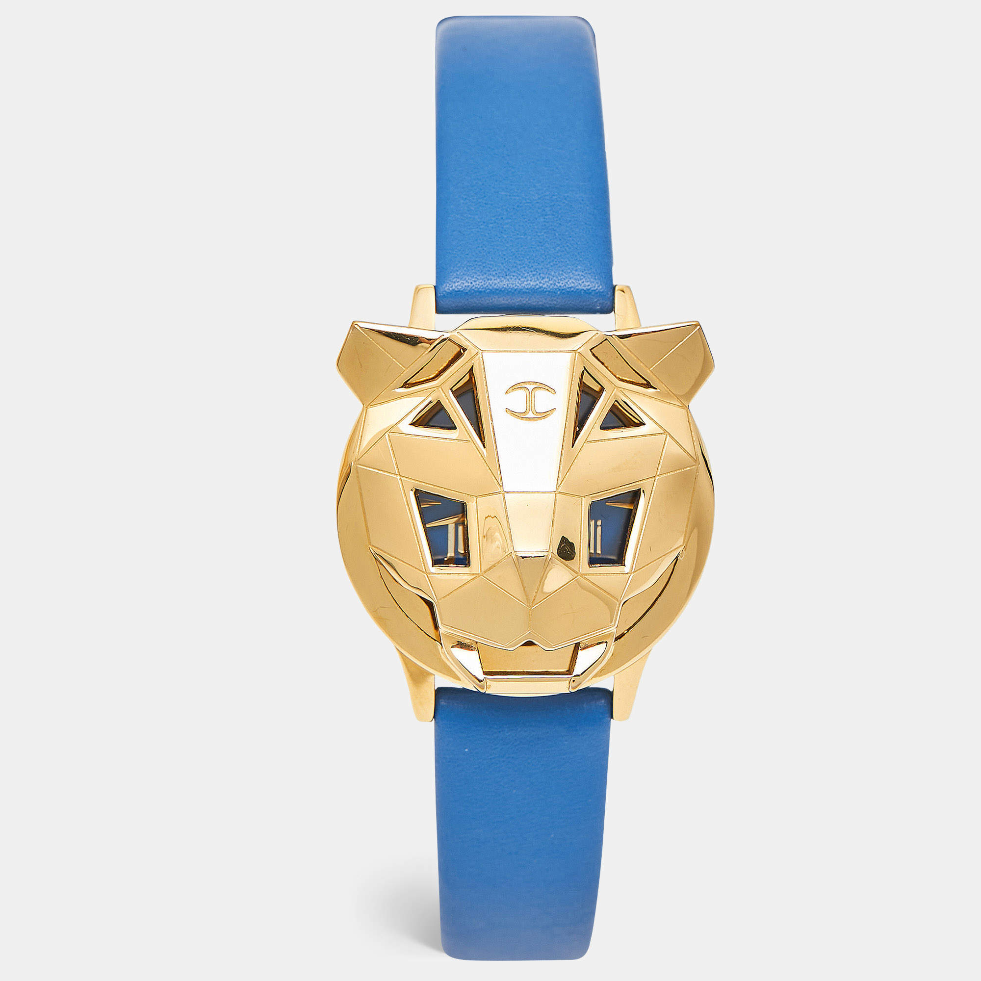 Pre Owned Just Cavalli Blue Yellow Gold Tone Stainless Steel Leather Just Tiger 7251561505 Women's Wristwatch 34 mm