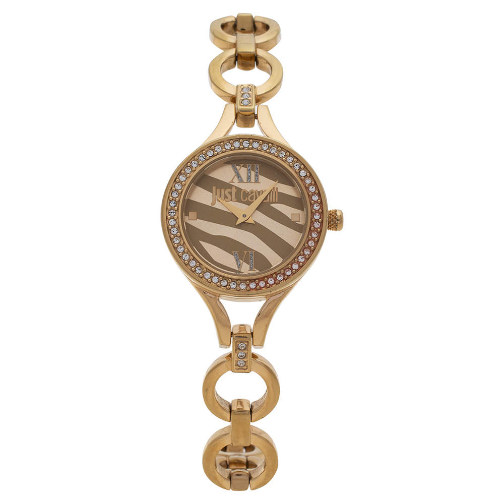 Pre Owned ساعة يد نسائية جاست كافالي 7253603501 زخرفة كريستال ستانلس ستيل لون ذهب أصفر 30 مم