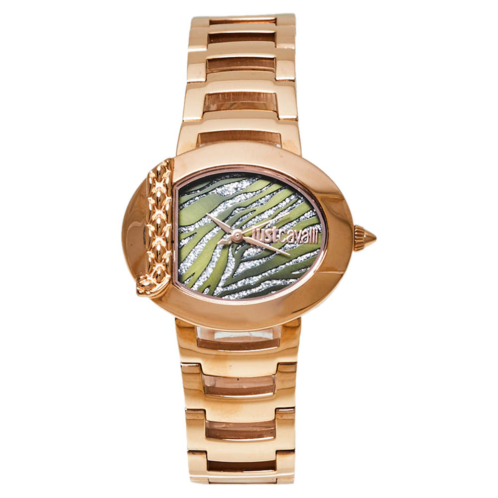 Pre Owned ساعة يد نسائية جاست كافا لي كوارز 1أل109 أنيمال ستانلس ستيل لون ذهبي خضراء 33 مم