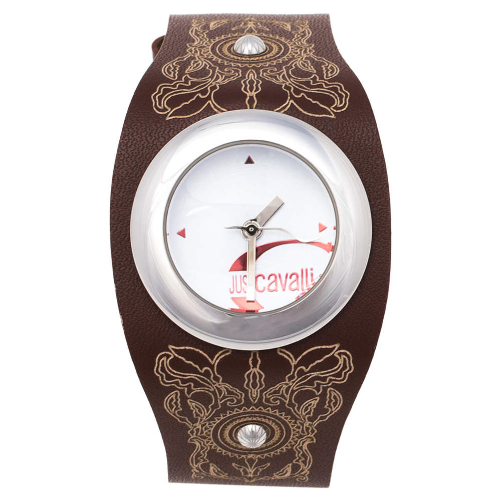 Pre Owned Just Cavalli White Stainless Steel Leather R7251575545 Women's Wristwatch 31 mm