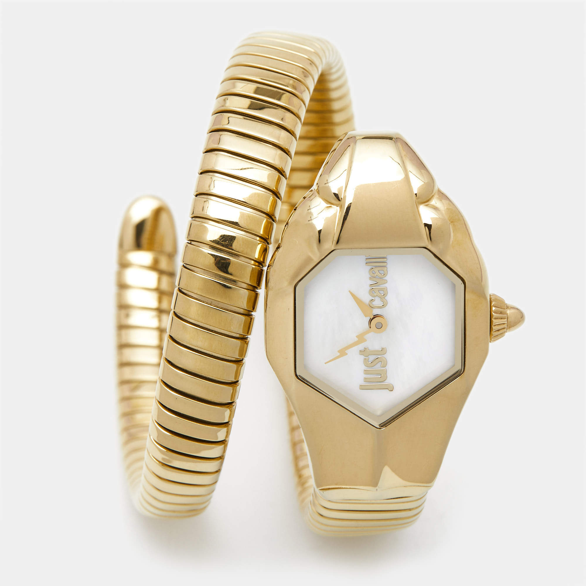 Pre Owned Just Cavalli Mother Of Pearl Yellow Gold Plated Stainless Steel Serpent JC1L001M0026 Women's Wristwatch 22 mm