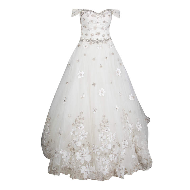 Justin Alexander Signature White Off Shoulder Floral Embroidered Embellished Tulle Wedding Gown M