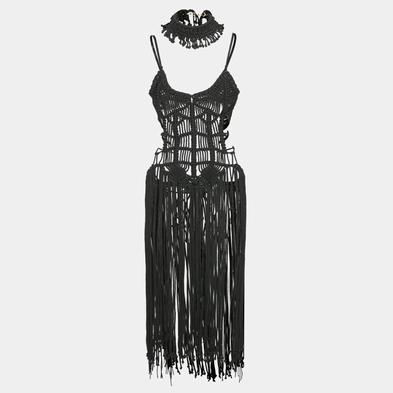 Pre Owned Karima Black Macrame Hand-Crafted Midi Dress M