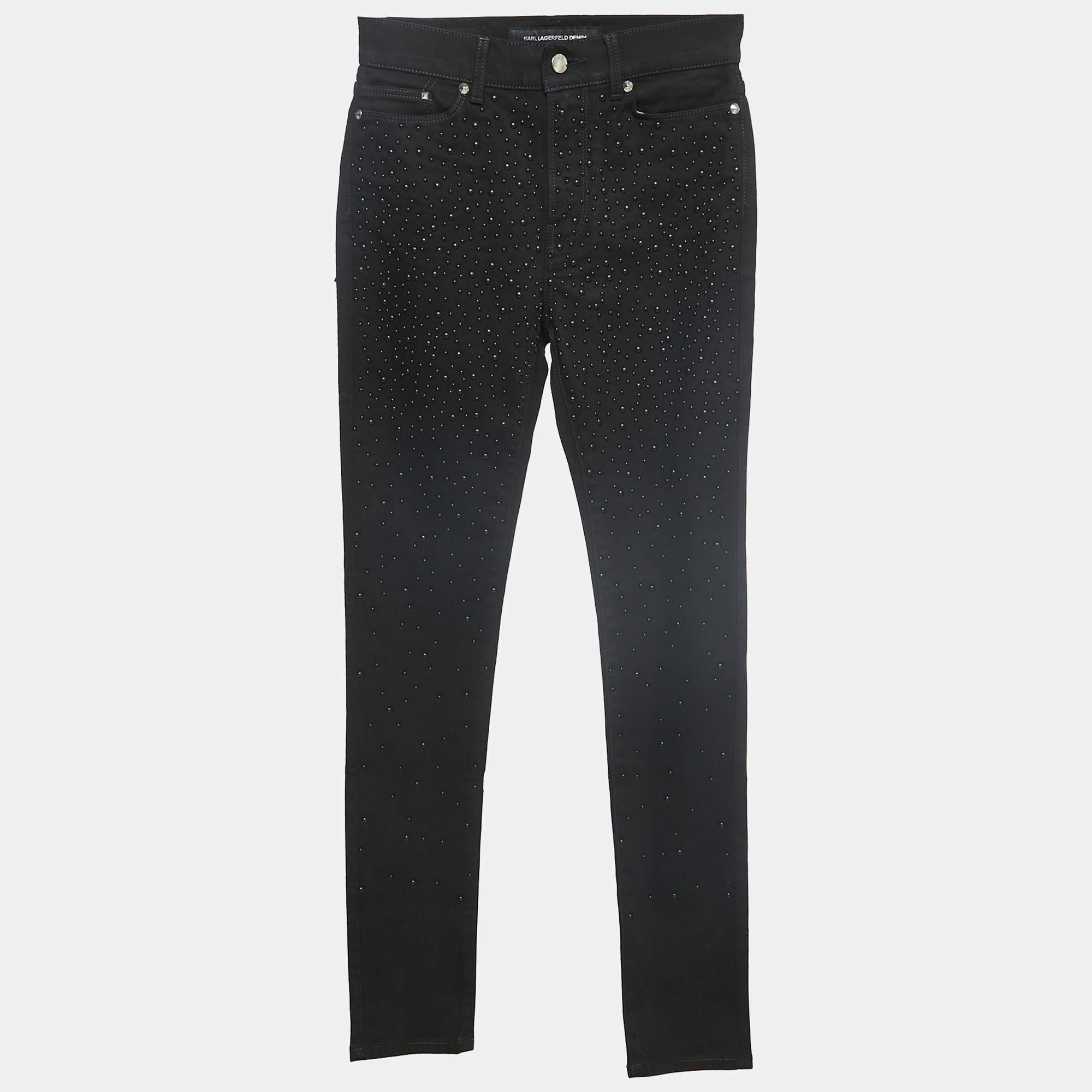 Pre Owned Karl Lagerfeld Black Studded Denim Skinny Jeans S Waist 27"