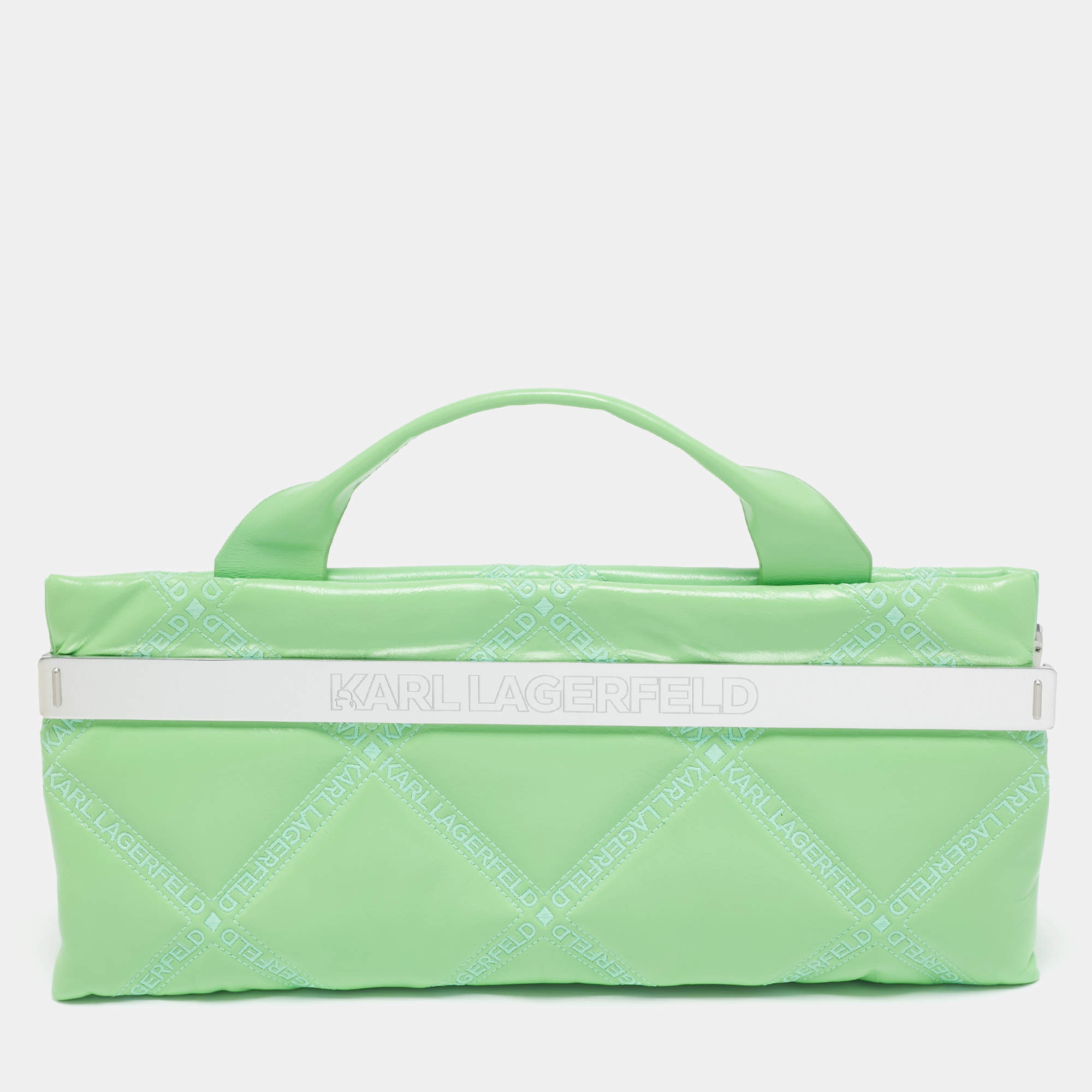 Karl Lagerfeld Light Green Logo Quilted Leather K/Kross Baguette Bag