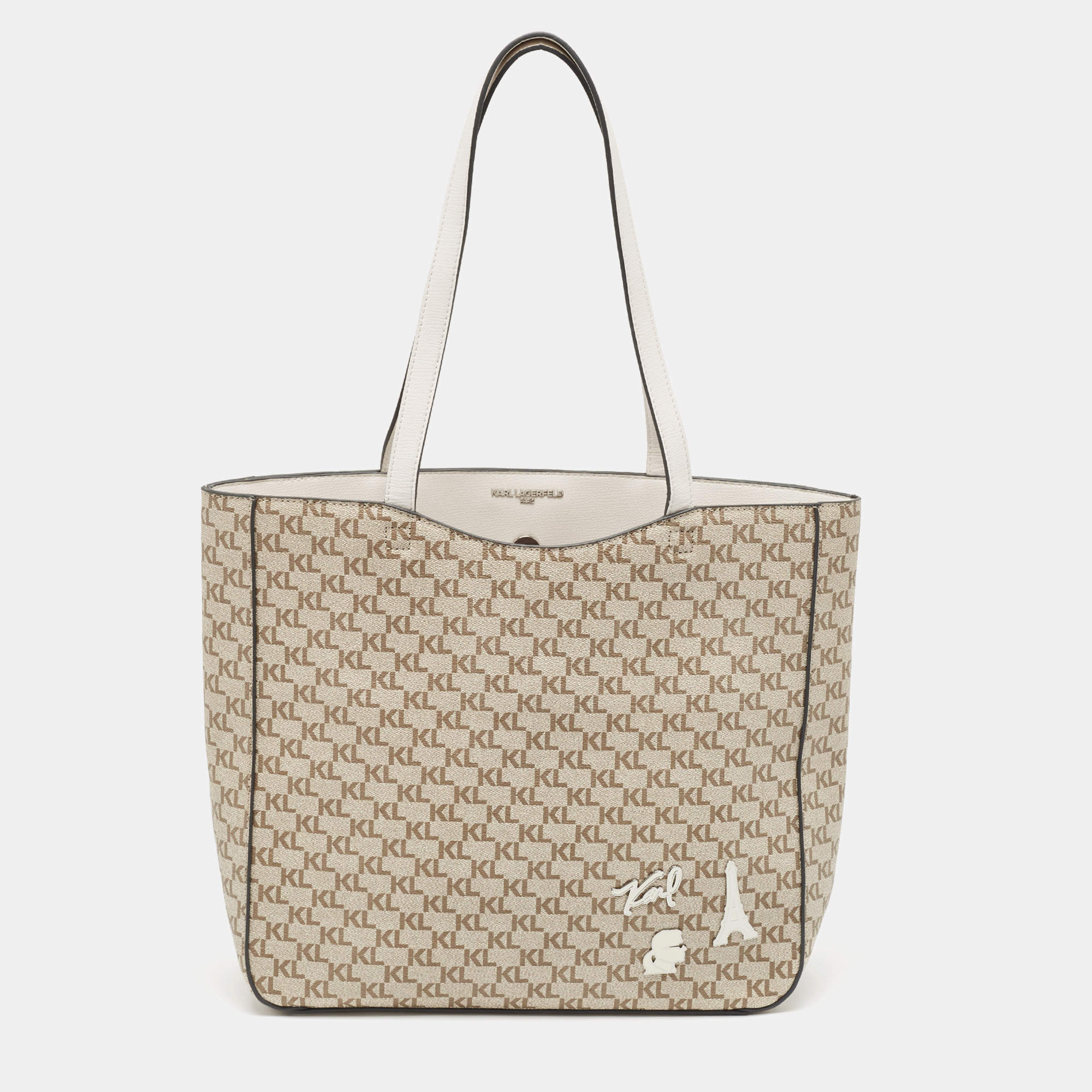 Karl Lagerfeld Taupe/White Monogram Coated Canvas Tote