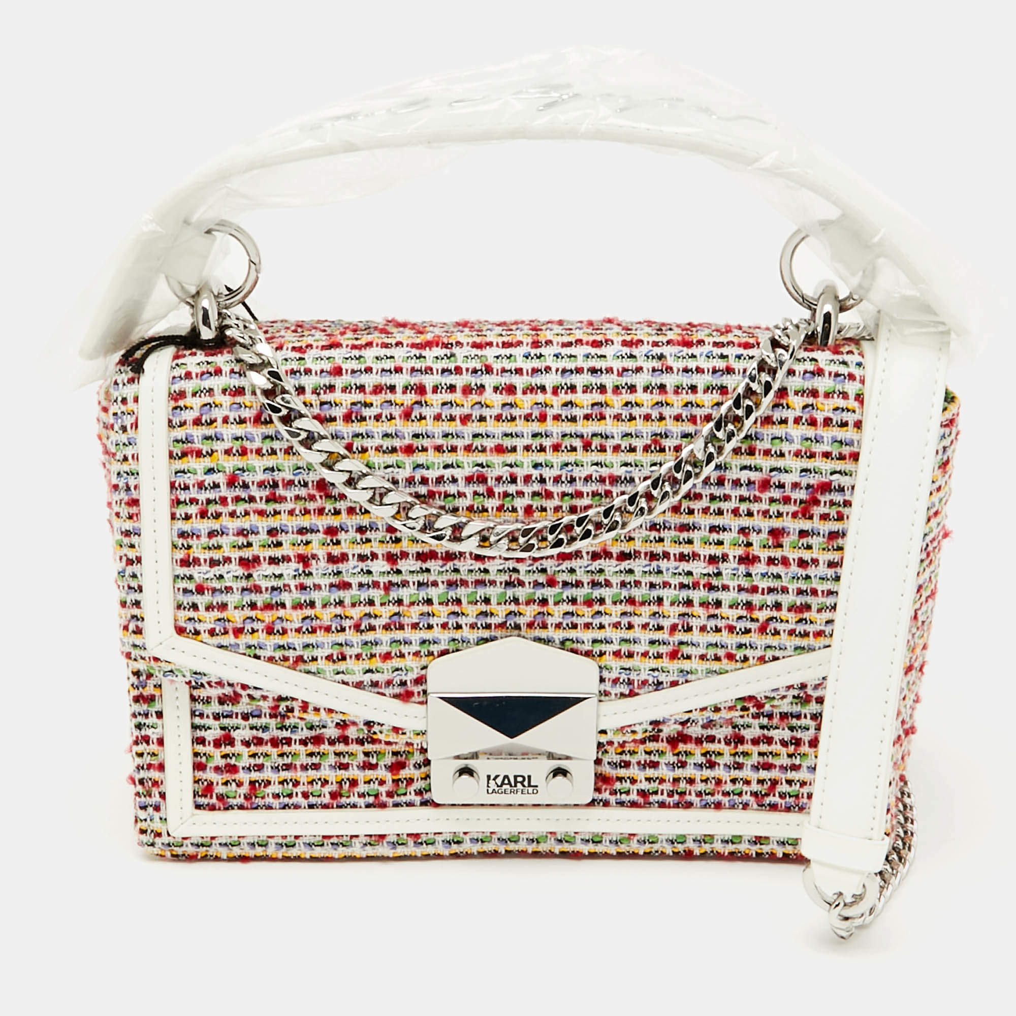 Karl Lagerfeld Multicolor Tweed and Leather Flap Top Handle Bag