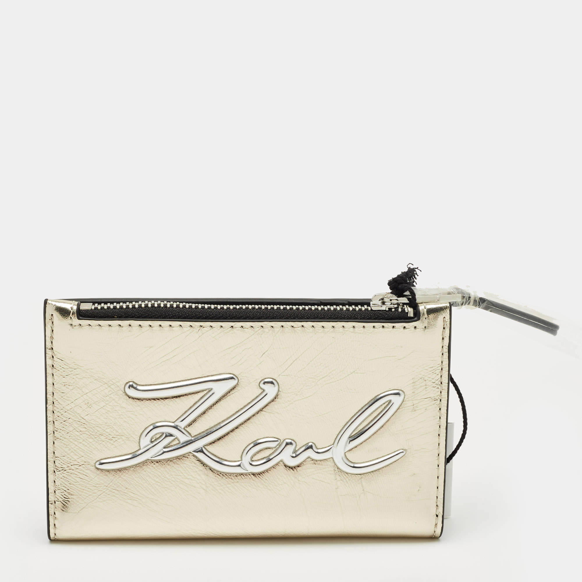 Pre Owned Karl Lagerfeld Gold/Silver Faux Leather K/Signature Bifold Wallet