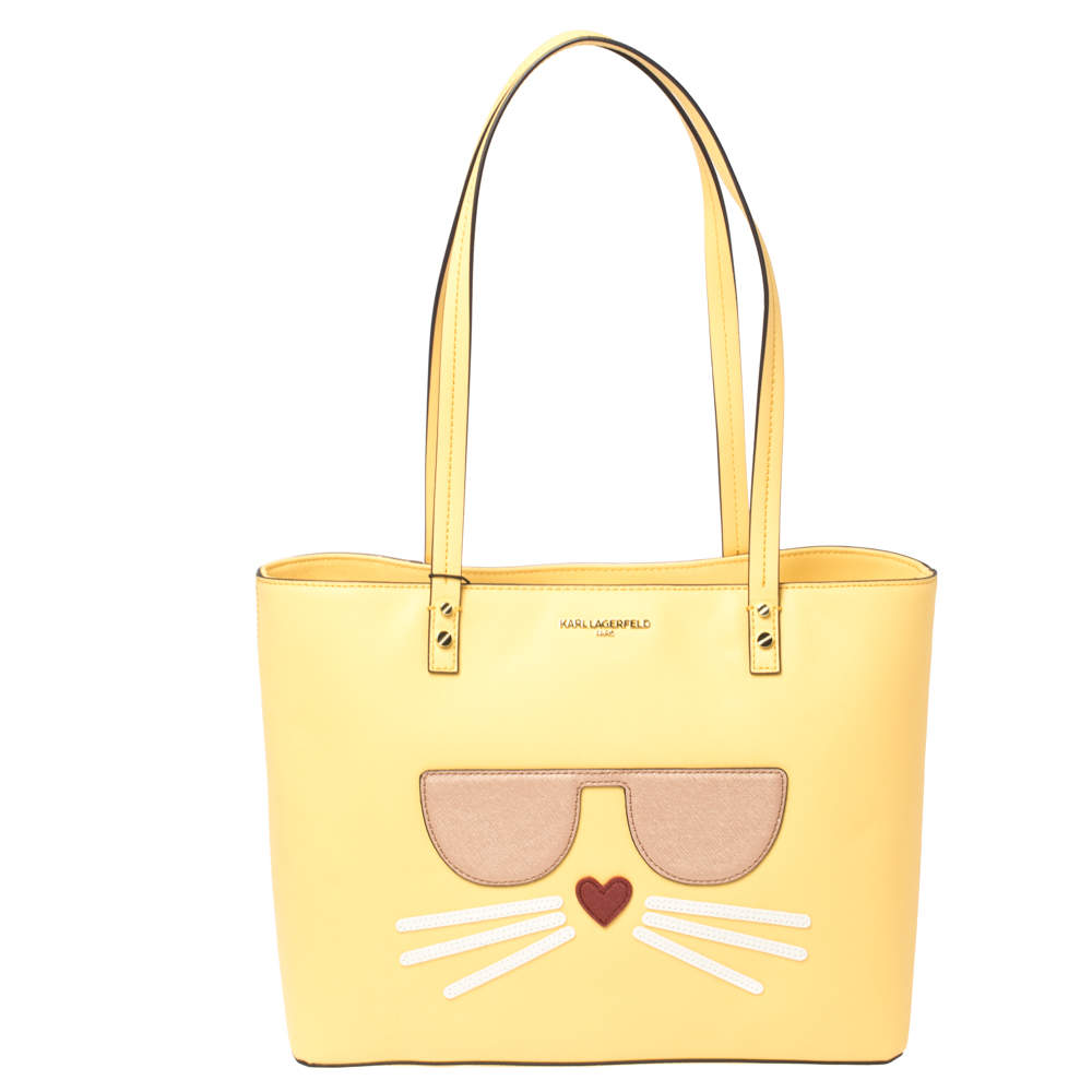 Pre Owned Karl Lagerfeld Yellow Leather Maybelle Cat Tote