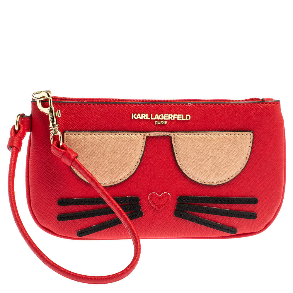 Karl Lagerfeld Red Leather Choupette Wristlet Clutch