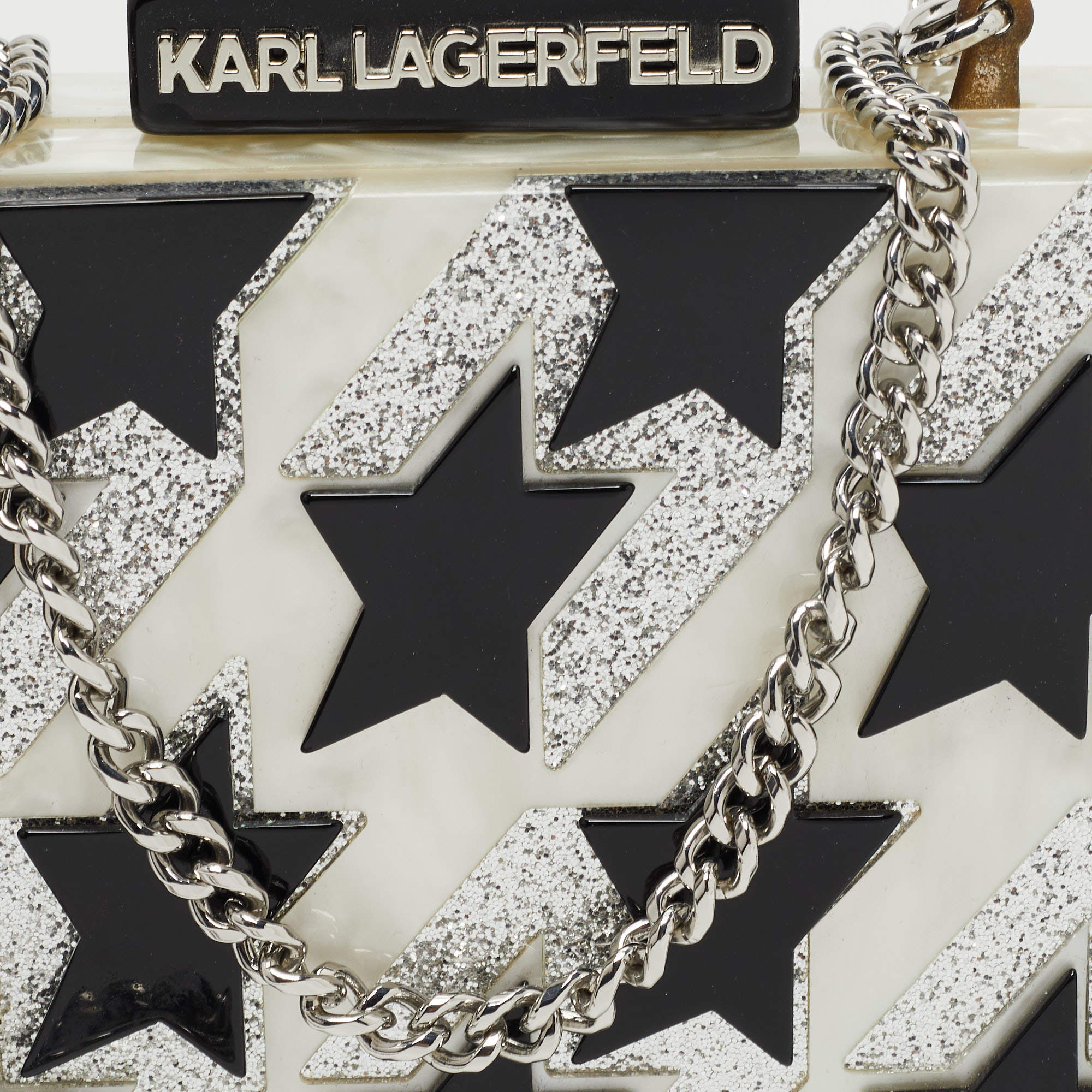 Karl Lagerfeld Black/Silver Marble Effect Glitter Star Chain Box Clutch
