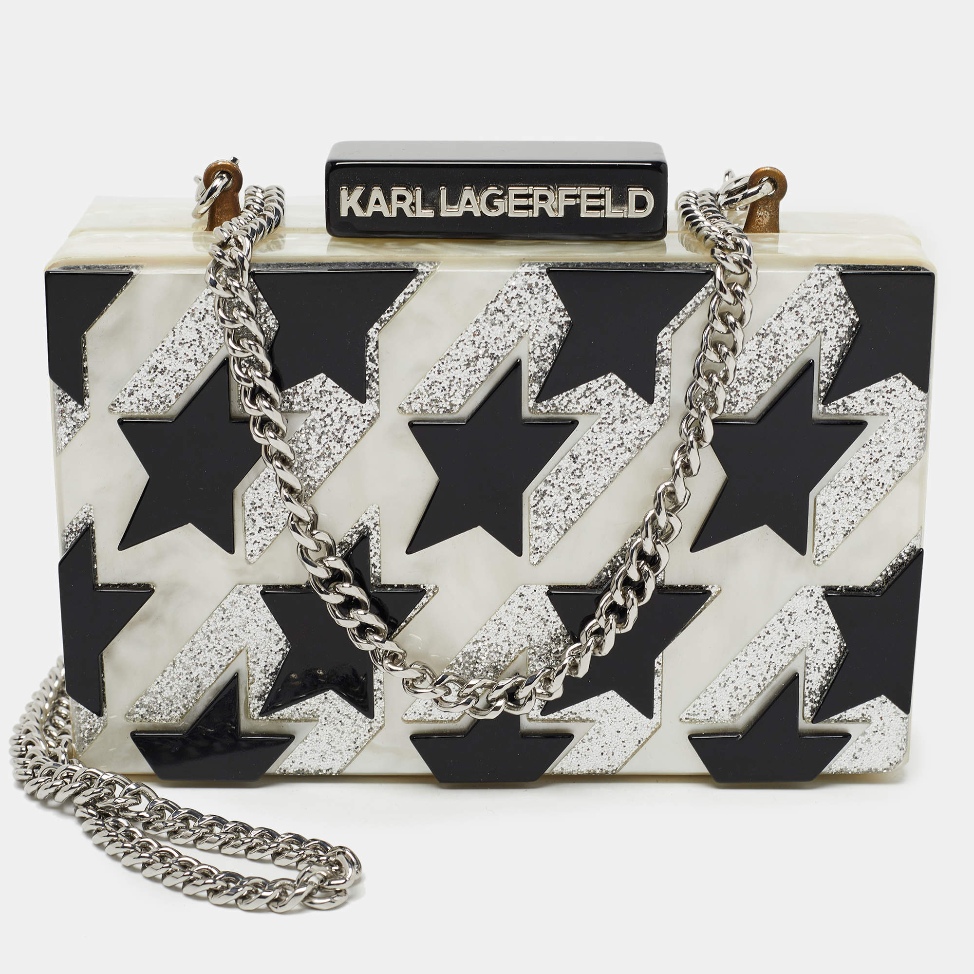 Karl Lagerfeld Black Glitter Acrylic Tres Karl Chain Box Clutch Karl  Lagerfeld