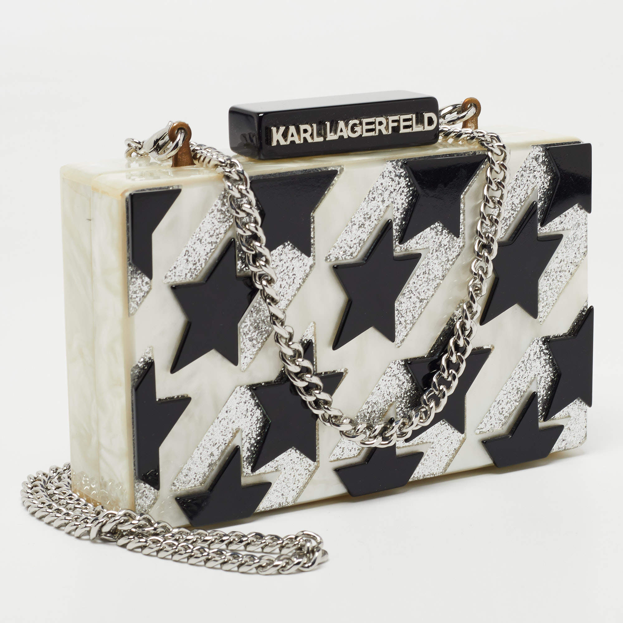 Karl Lagerfeld Black/Silver Marble Effect Glitter Star Chain Box Clutch
