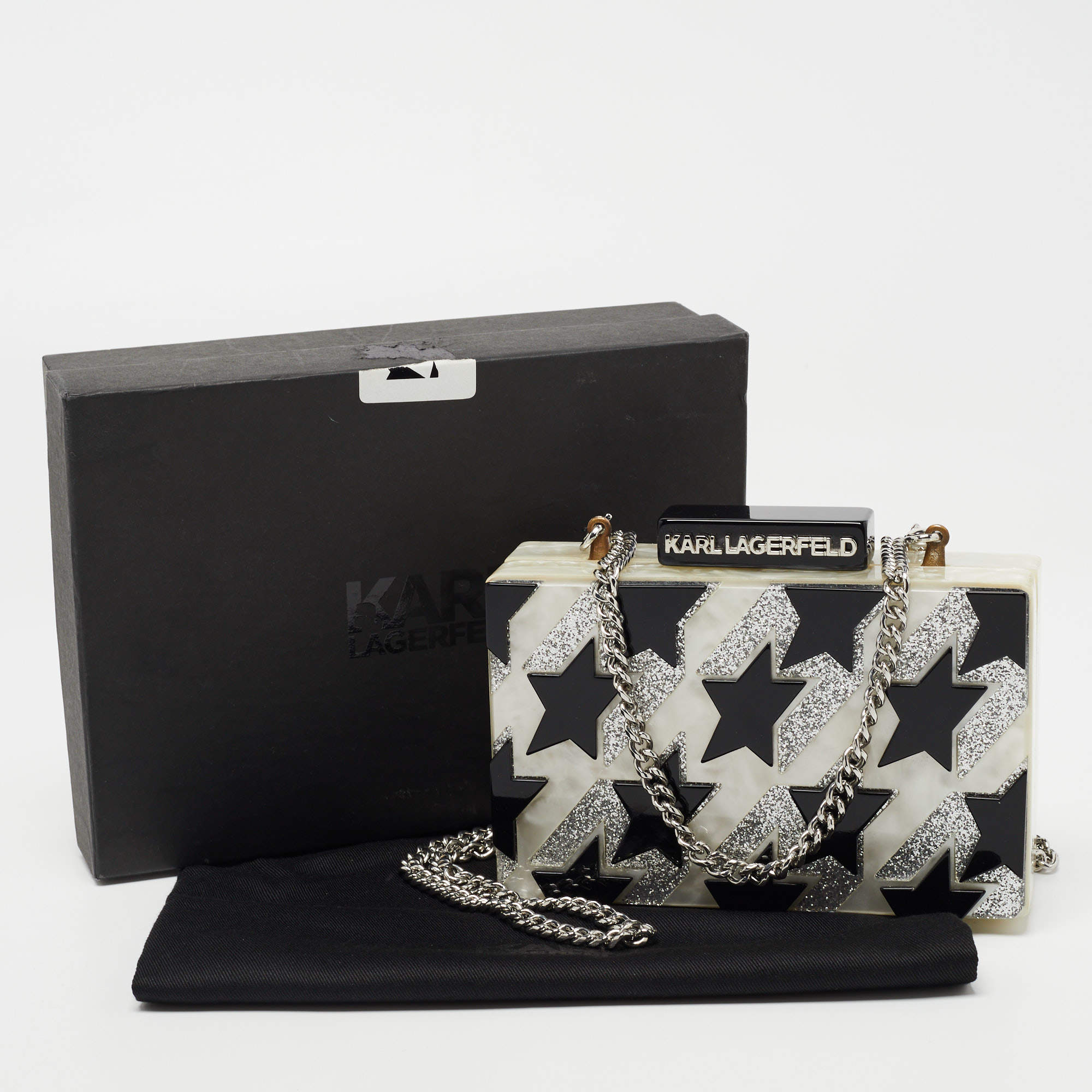 Karl Lagerfeld Black/Silver Glitter Acrylic Choupette Minaudiere Chain Box  Clutch Karl Lagerfeld | The Luxury Closet