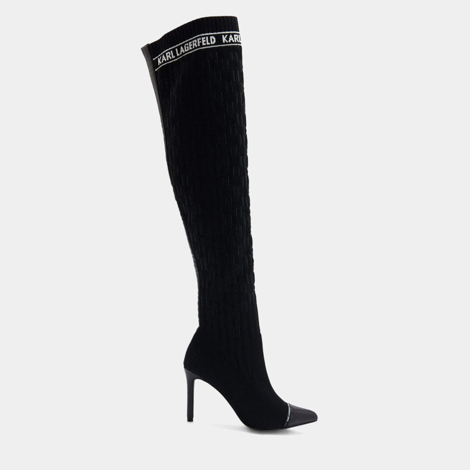 مملوكة مسبقًا Karl Lagerfield Pandora Monogram Ribbed Kneeblack Knit Textile Black Leather Boots