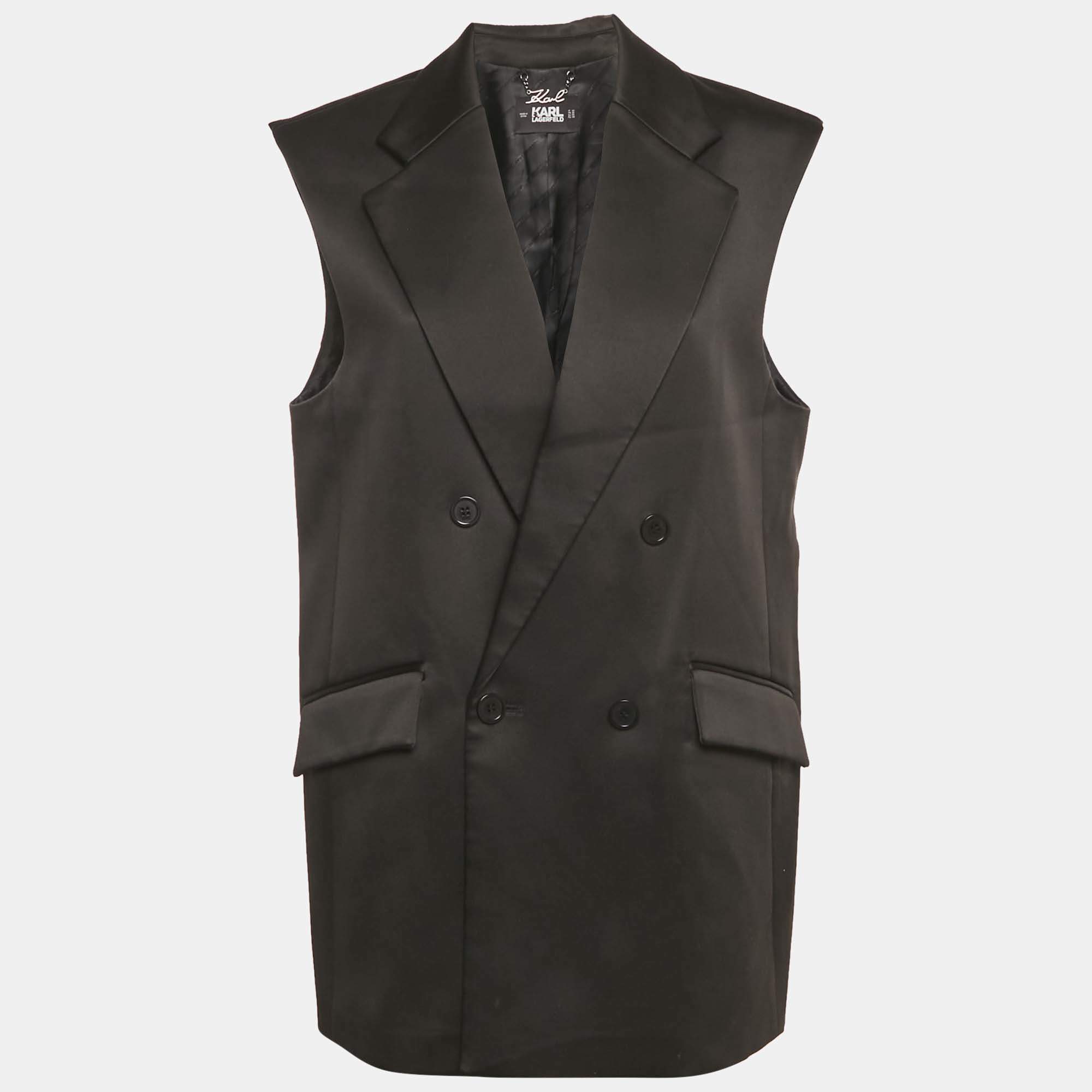 Pre Owned Karl Lagerfeld Black Satin Pleats Detail Tailored Gilet M