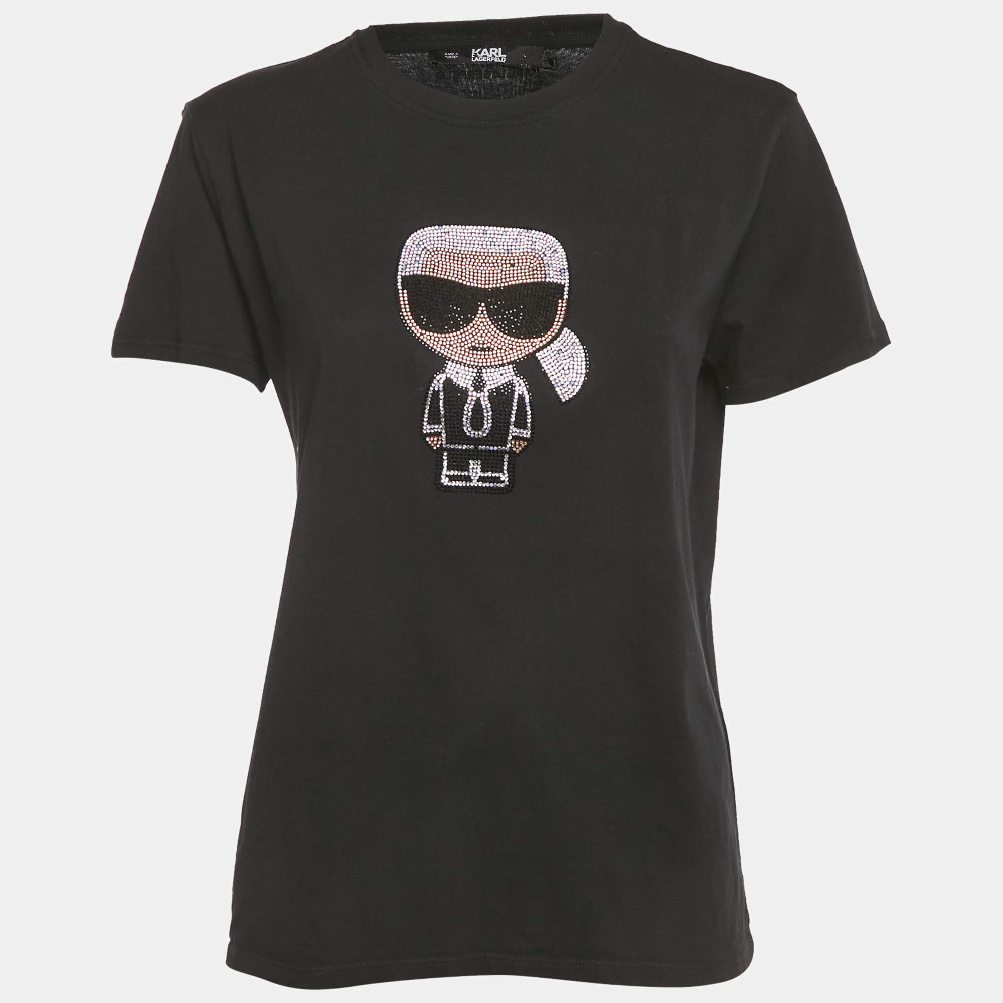 Pre Owned Karl Lagerfeld Black Ikonik Rhinestone Embellished Cotton T-Shirt L 