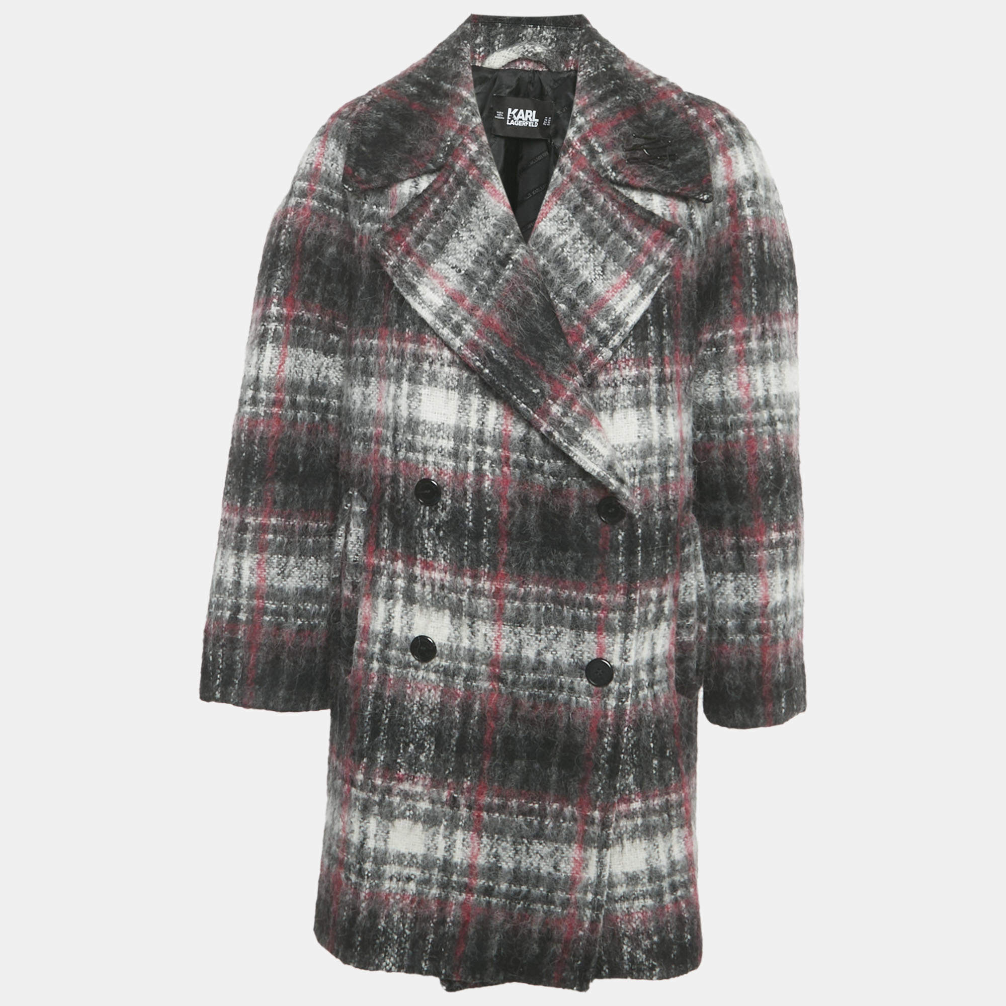 مملوكة مسبقًا معطف كارل لاغرفيلد رمادي/وردي منقوش من الصوف مصمم حسب الطلب مقاس صغير (سمول)
