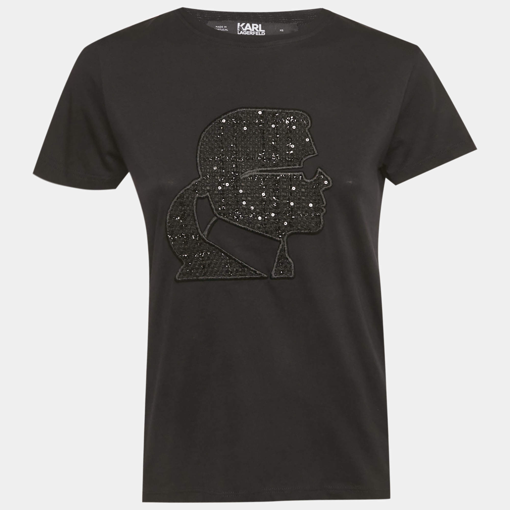 Pre Owned Karl Lagerfeld Black Bouclé Karl Profile Cotton T-Shirt XS