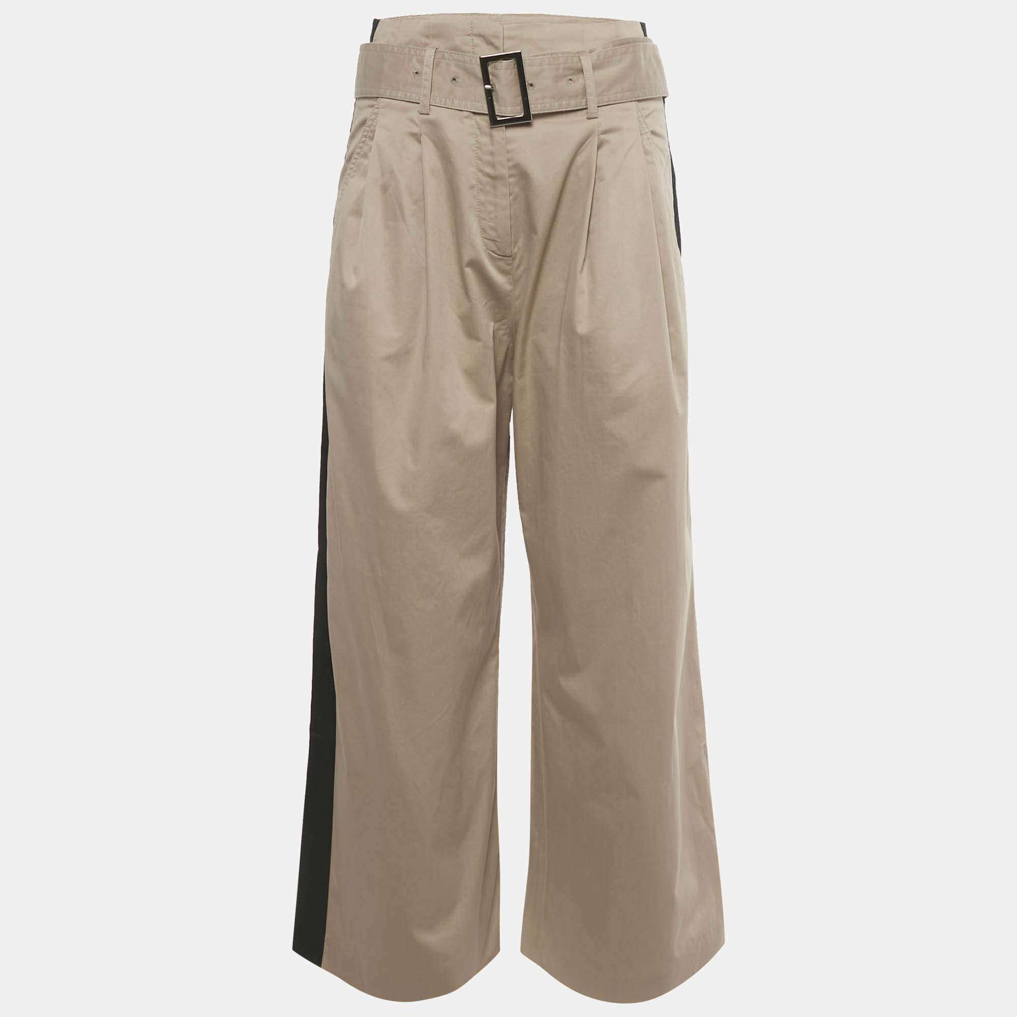 مملوكة مسبقًا بنطلون كارل لاغرفيلد قطن بيج داكن / أسود بخط جانبي على جانب الساق واسع مقاس متوسط