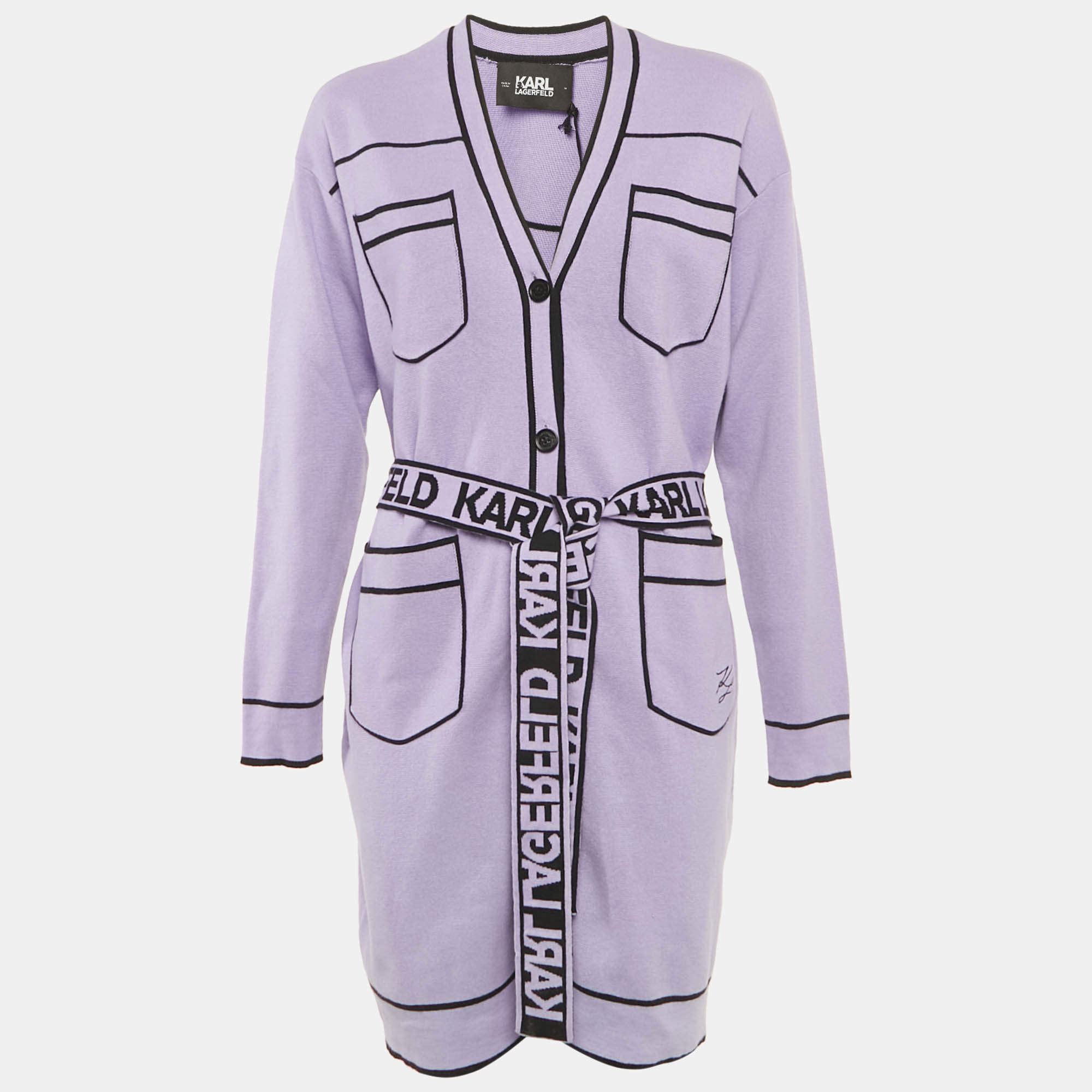 Pre Owned Karl Lagerfeld Purple Wool Blend Logo Belted Cardigan M