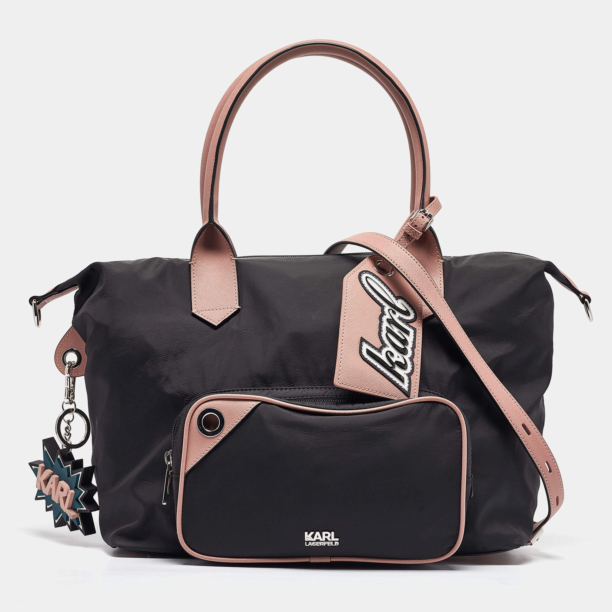 Pre Owned Karl Lagerfeld Black/Pink Leather and Nylon Front Pocket Tote