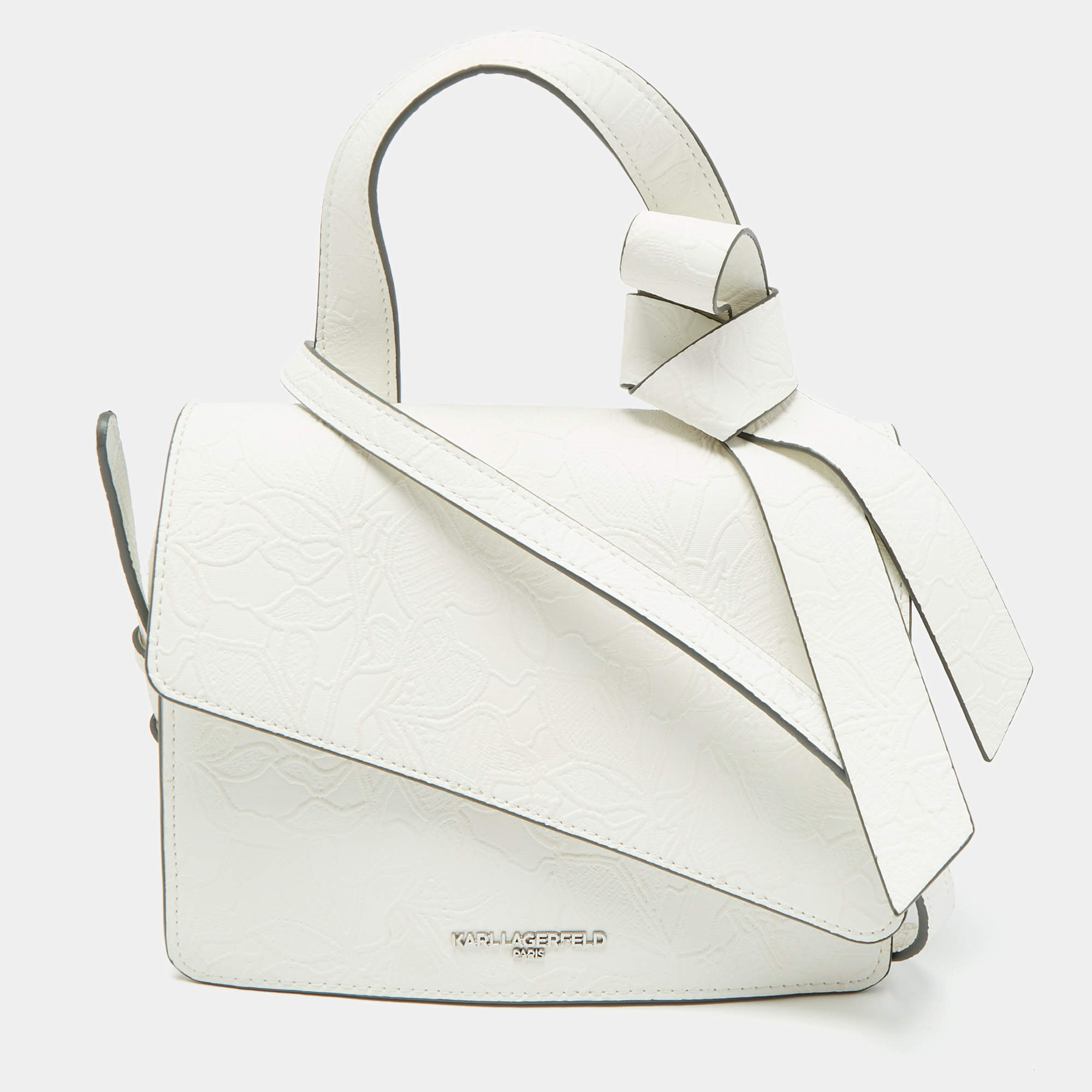 Pre Owned Karl Lagerfeld White Lace Print Leather Chantelle Top Handle Bag