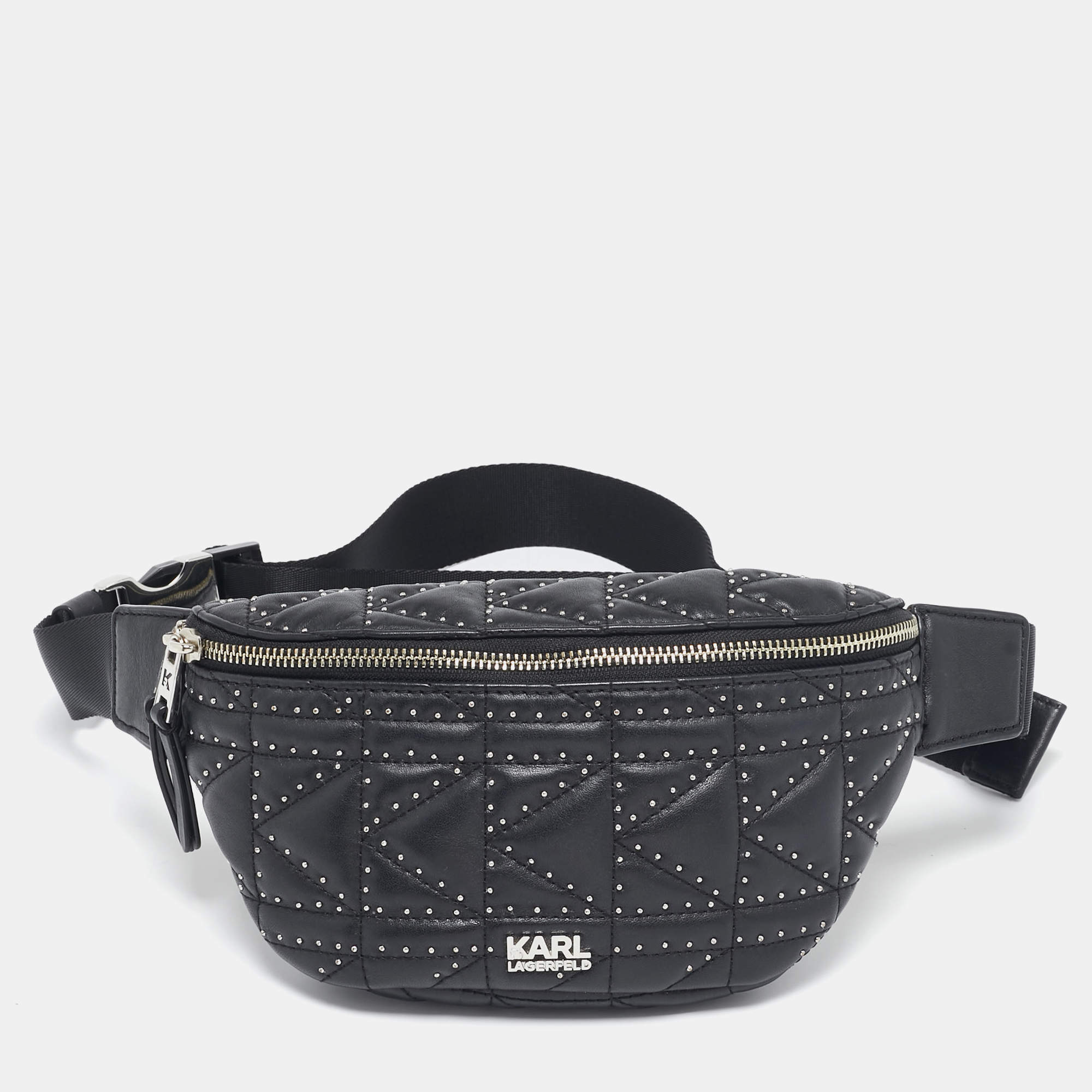 Pre Owned Karl Lagerfeld Black Quilted Leather Studded K/Kuilted Belt Bag