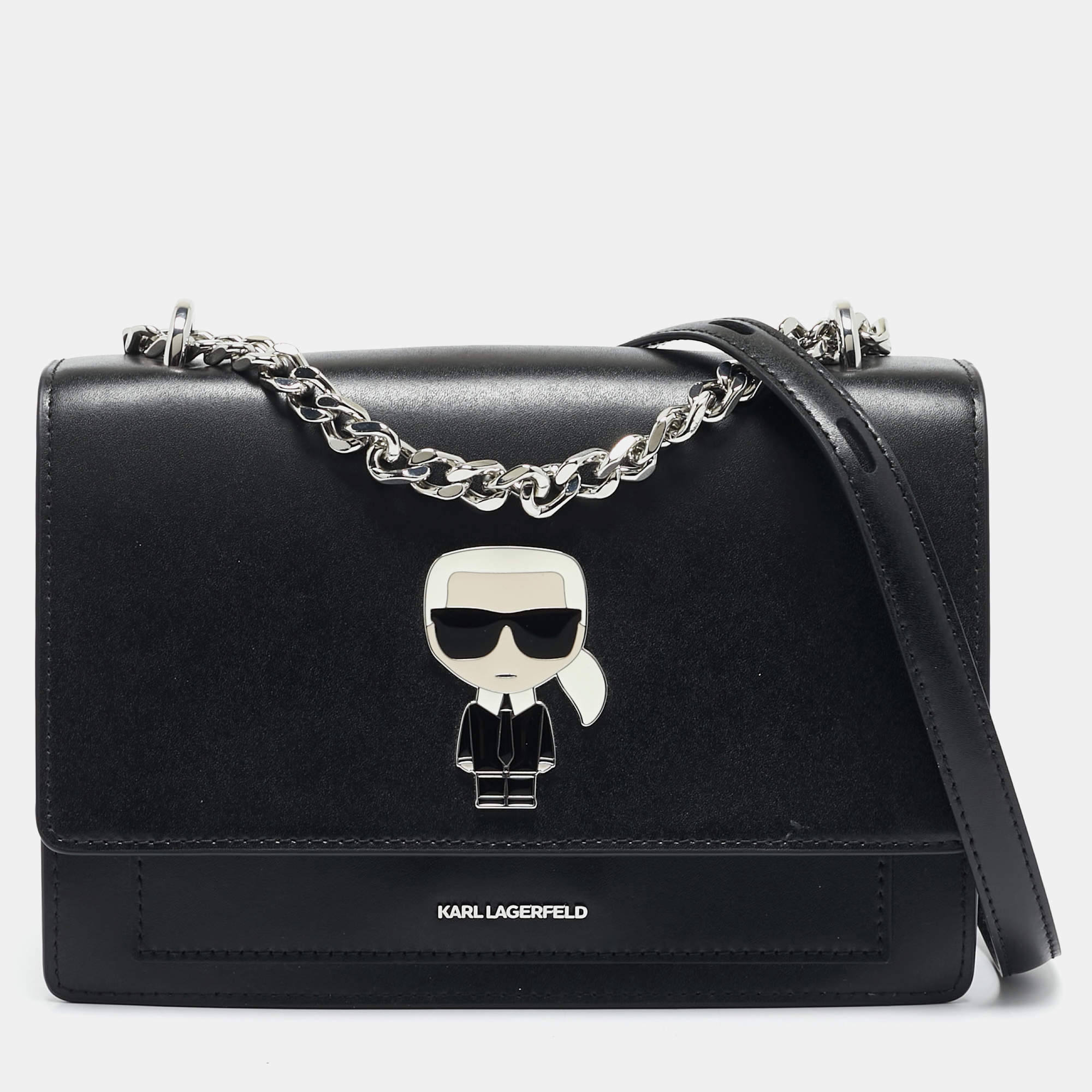 Karl Lagerfeld Black Leather K/Ikonik Flap Chain Shoulder Bag