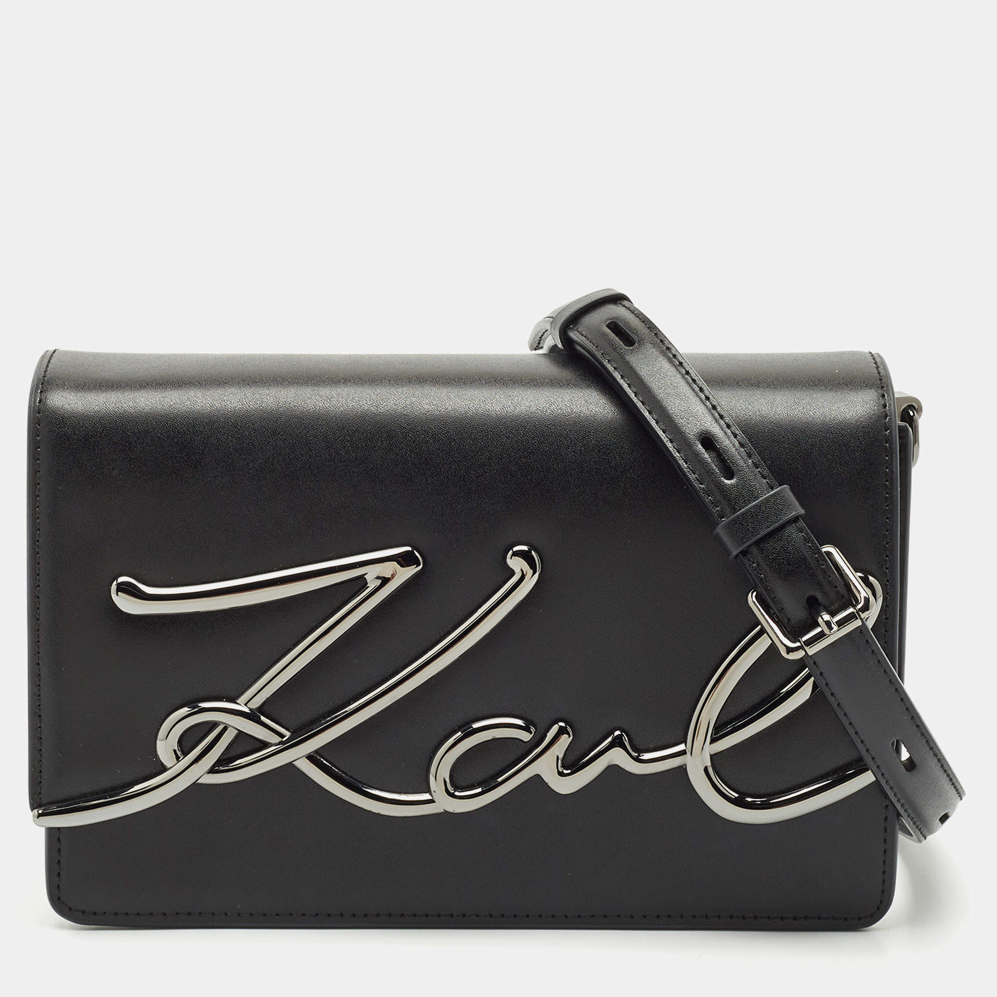 Karl Lagerfeld Black Leather K/Signature Shoulder Bag
