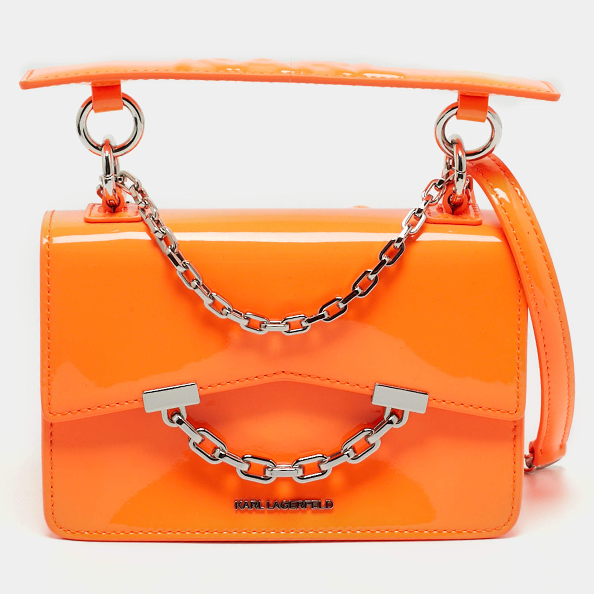 Karl Lagerfeld Neon Orange Patent Leather K/Karl Seven Top Handle Bag