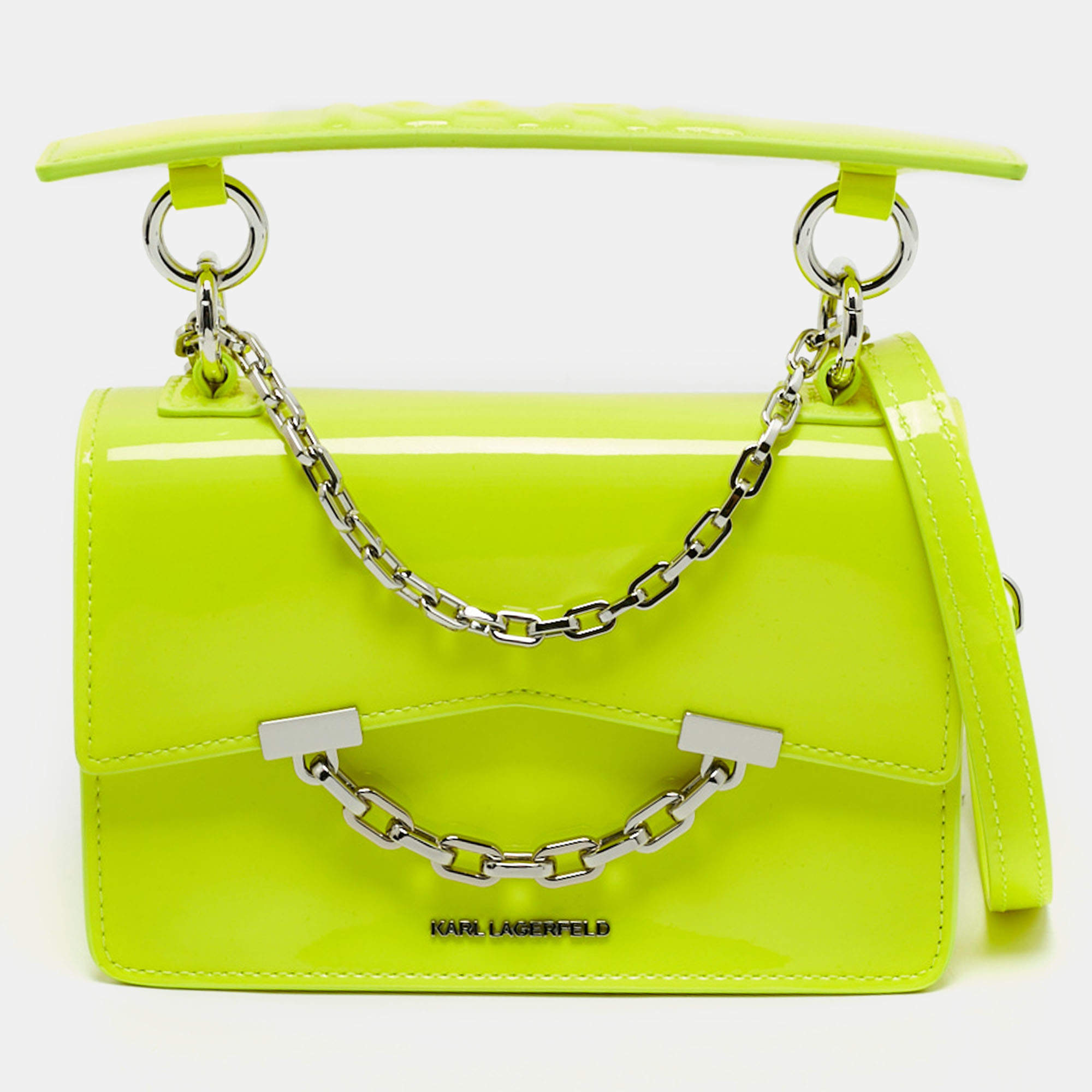 Karl Lagerfeld Neon Yellow Patent Leather Mini K/Karl Seven Top Handle Bag