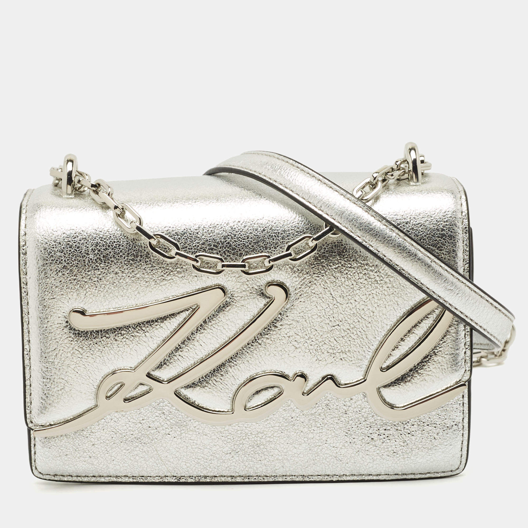 Pre Owned Karl Lagerfeld Silver Leather K/Signature Shoulder Bag