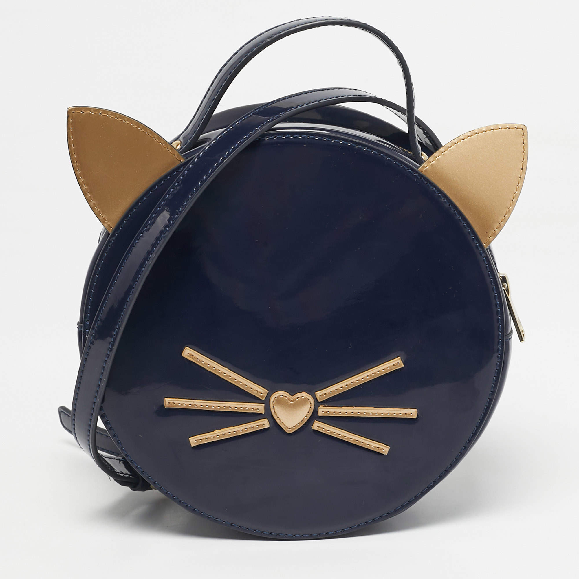 Pre Owned Karl Lagerfeld Navy Blue/Gold Patent Leather K/Cat Ears Crossbody Bag